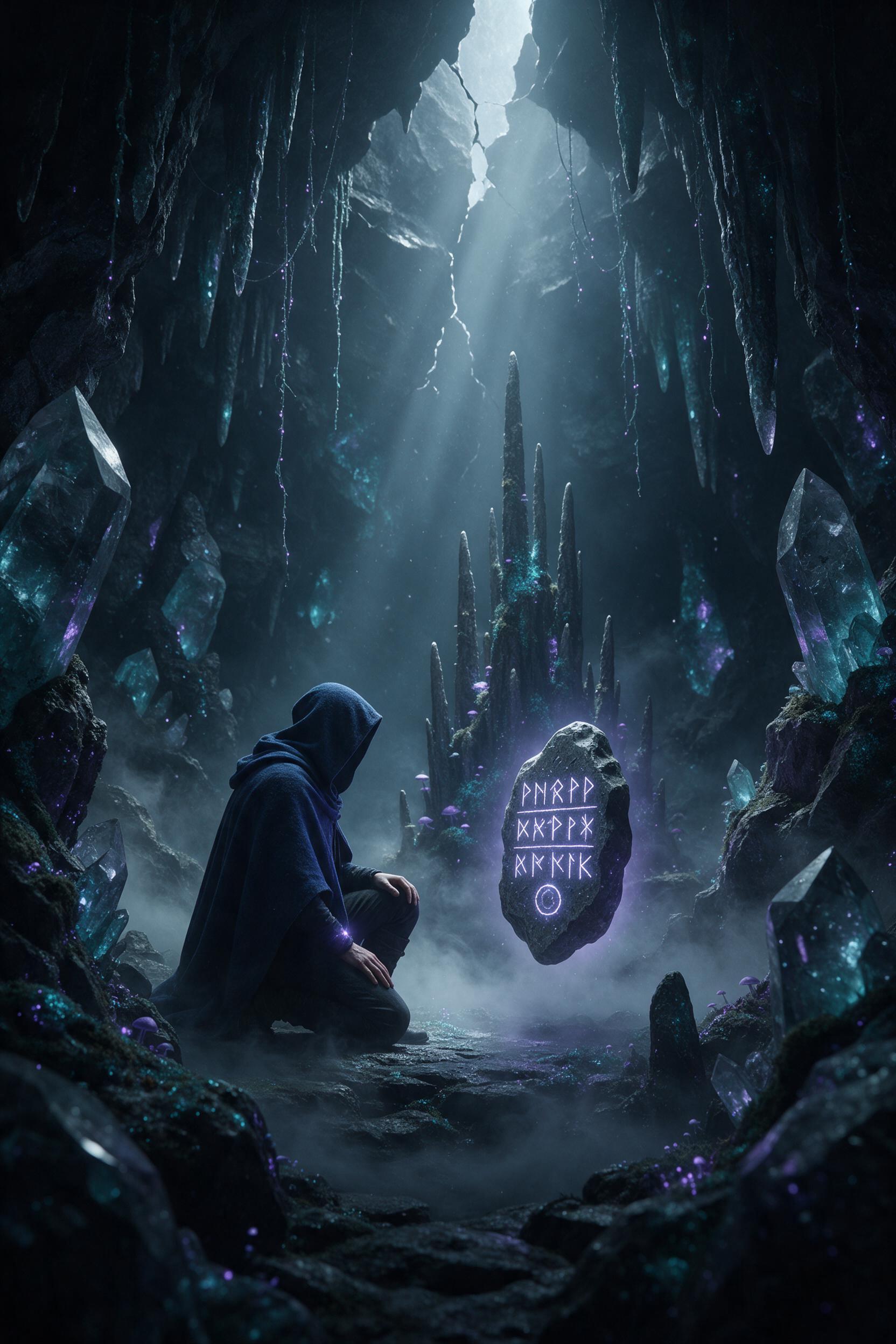 A glowing crystal cavern deep underground, bioluminescent moss and hanging vines casting soft teal and violet light, a lone hooded figure kneeling before a floating rune-etched stone, mist swirling around stalagmites, volumetric light rays piercing through a crack above, subtle dust particles in the