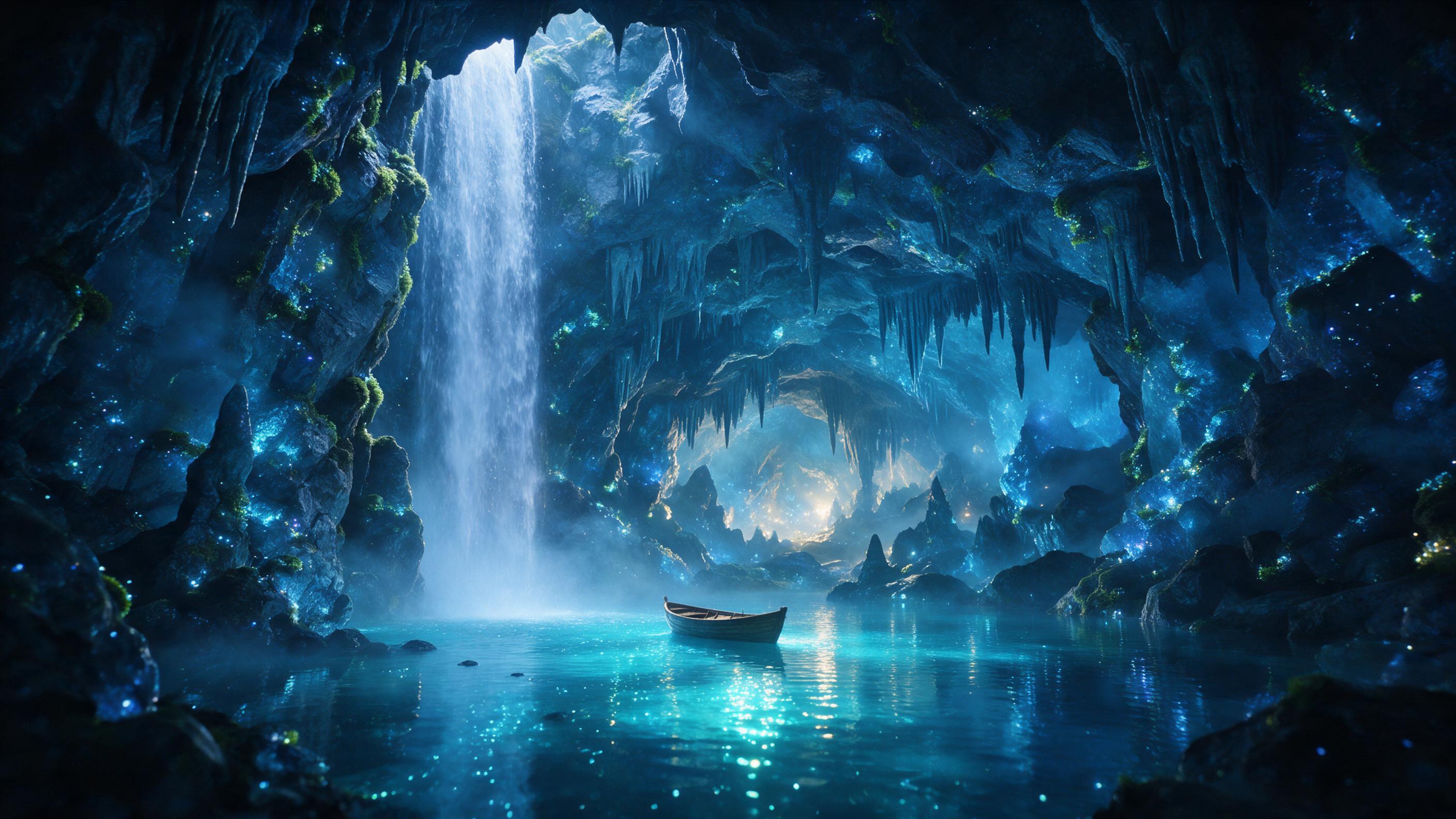 A glowing blue crystal cave hidden behind a waterfall, luminescent moss clinging to jagged rocks, ethereal mist swirling in the air, a small wooden boat floating on a mirror-like pool reflecting shimmering turquoise light, intricate stalactites hanging from the ceiling, a soft golden glow emanating 