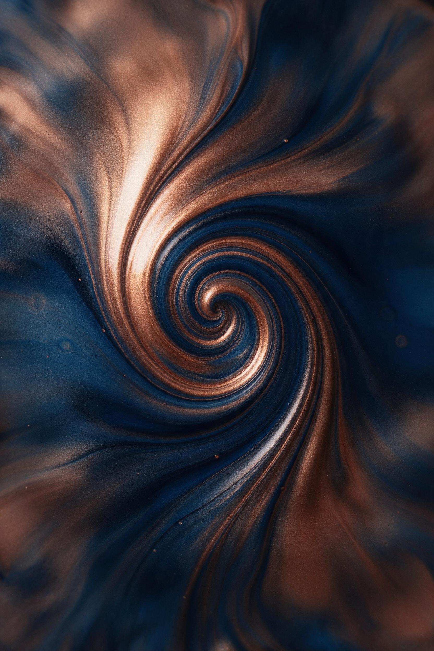 Fluid art of molten bronze and midnight blue swirling in a macro lens, glossy ripples reflecting soft warm studio light, deep shadows along curved edges, composition centered with negative space, subtle grain texture, minimalist aesthetic