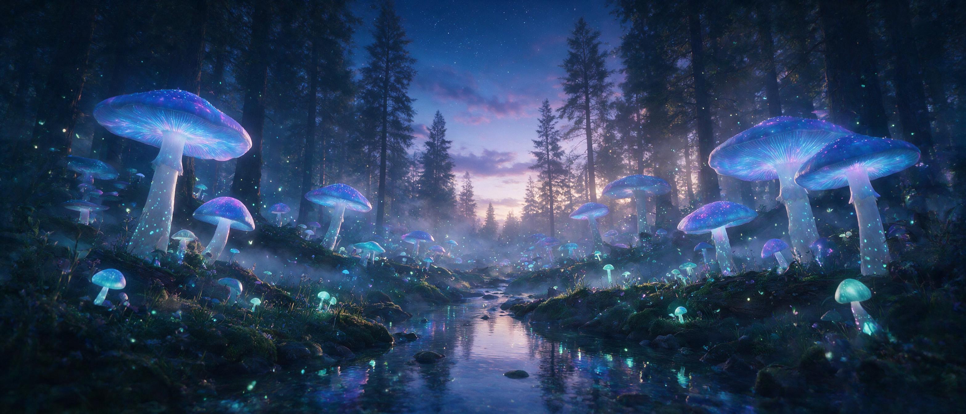 A luminous bioluminescent forest at twilight, with giant glowing mushrooms in shades of blue and purple, a small stream reflecting the light, soft mist rising, fireflies floating, gentle backlighting, cinematic composition, dreamy atmosphere.