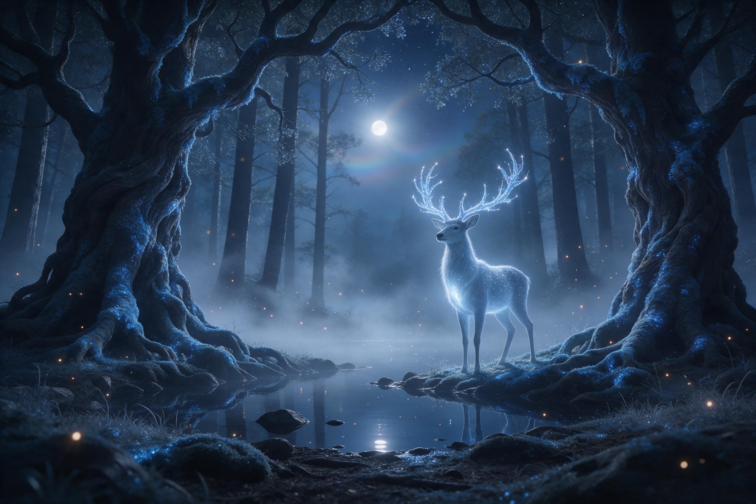 A moonlit forest clearing with ancient, gnarled trees draped in glowing blue moss. A translucent, ethereal deer with antlers of shimmering light stands by a still pond reflecting stars. Soft mist, silver-blue palette, fireflies like embers, gentle fantasy, magical realism style.
