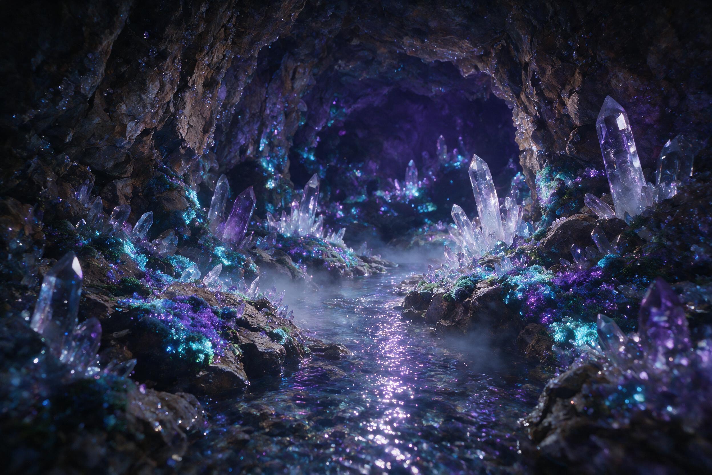 A luminous crystal cave deep underground, glowing bioluminescent moss on the walls, a small stream reflecting purple and blue light, mist rising from the water, natural lighting from the crystals, slight camera shake, no humans or creatures