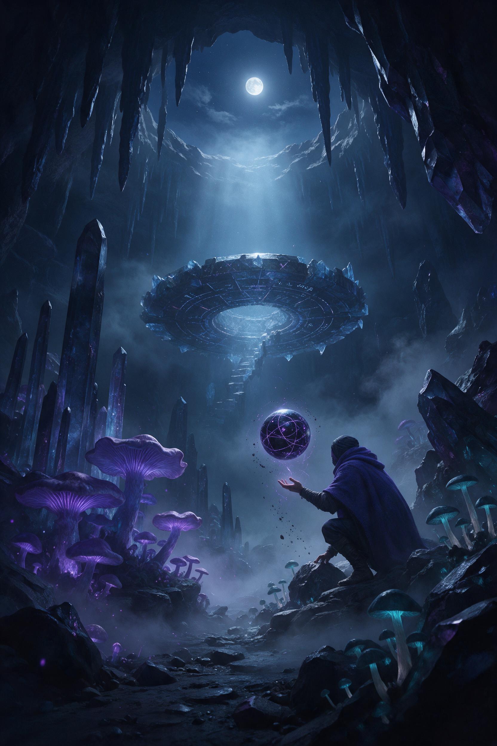 A moonlit crystal cavern, bioluminescent fungi glowing in violet and teal, a cloaked figure examining a floating rune-covered sphere, soft mist weaving between stalactites, cinematic lighting with deep shadows, subtle painterly texture.