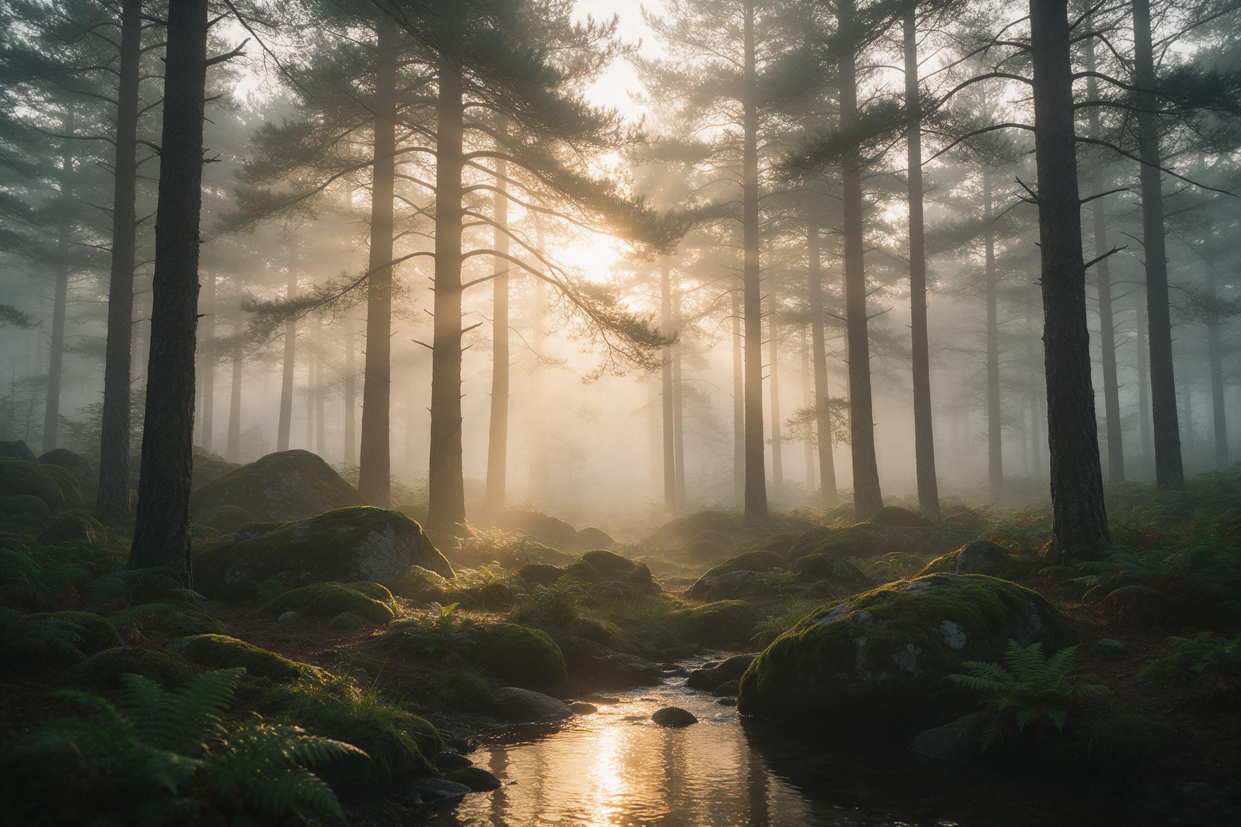 A misty pine forest at dawn, tall trees fading into soft fog, golden sunbeams piercing through branches, mossy rocks and ferns on the forest floor, a small stream reflecting warm light, natural color palette, wide-angle composition emphasizing depth, gentle atmosphere