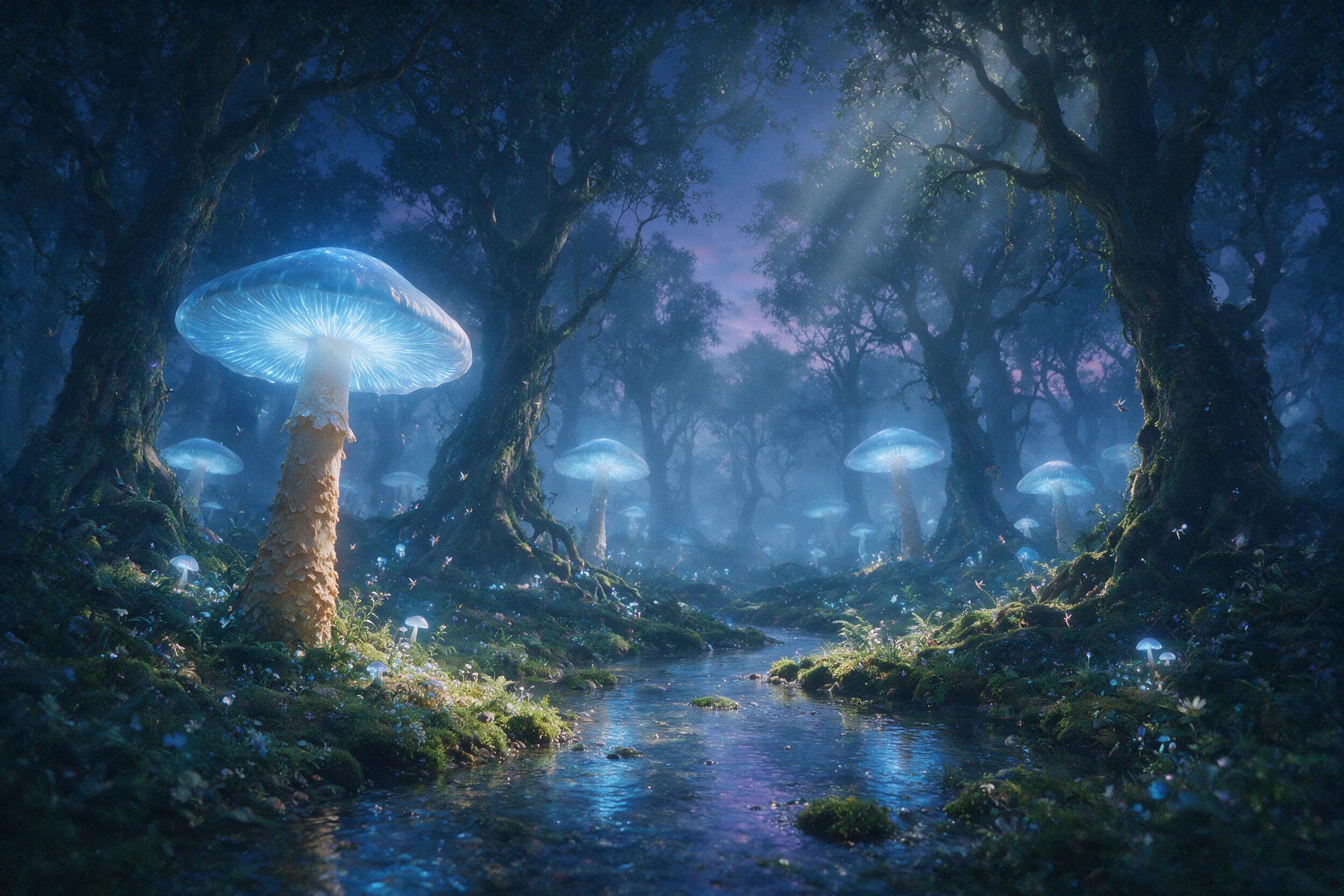 A misty twilight forest with giant glowing mushrooms, their caps emitting soft blue light, tiny winged fairies darting between gnarled roots, a shimmering stream reflecting the ethereal glow, wide-angle composition, atmospheric haze, gentle volumetric light rays through canopy, subtle grain, muted e