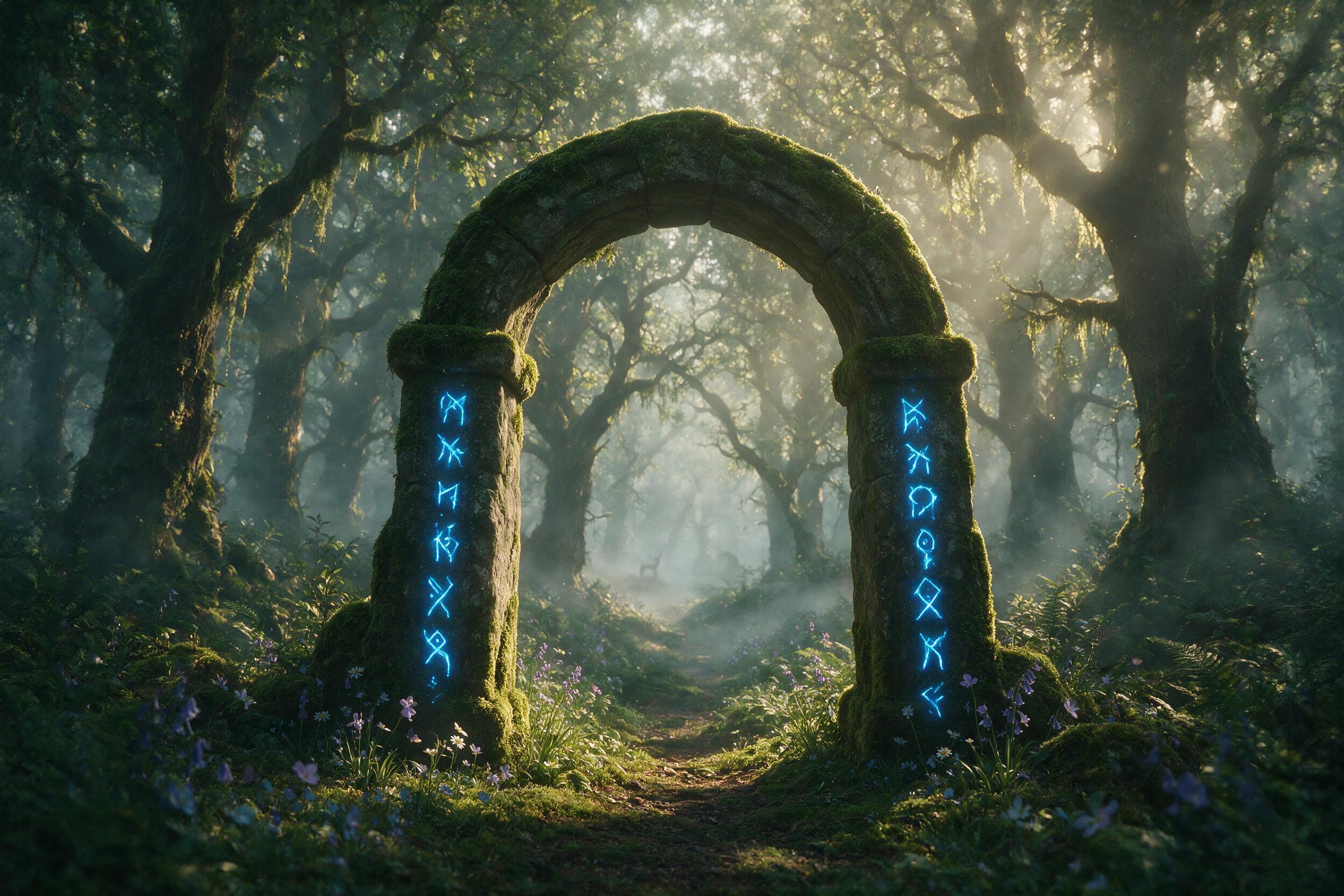 A moss-covered stone archway in a misty ancient forest, glowing blue runes etched along the pillars, scattered wildflowers at the base, soft golden sunbeams piercing through the canopy, a faint silhouette of a deer beyond the arch, surreal ethereal atmosphere, gentle fog rolling over the ground, com