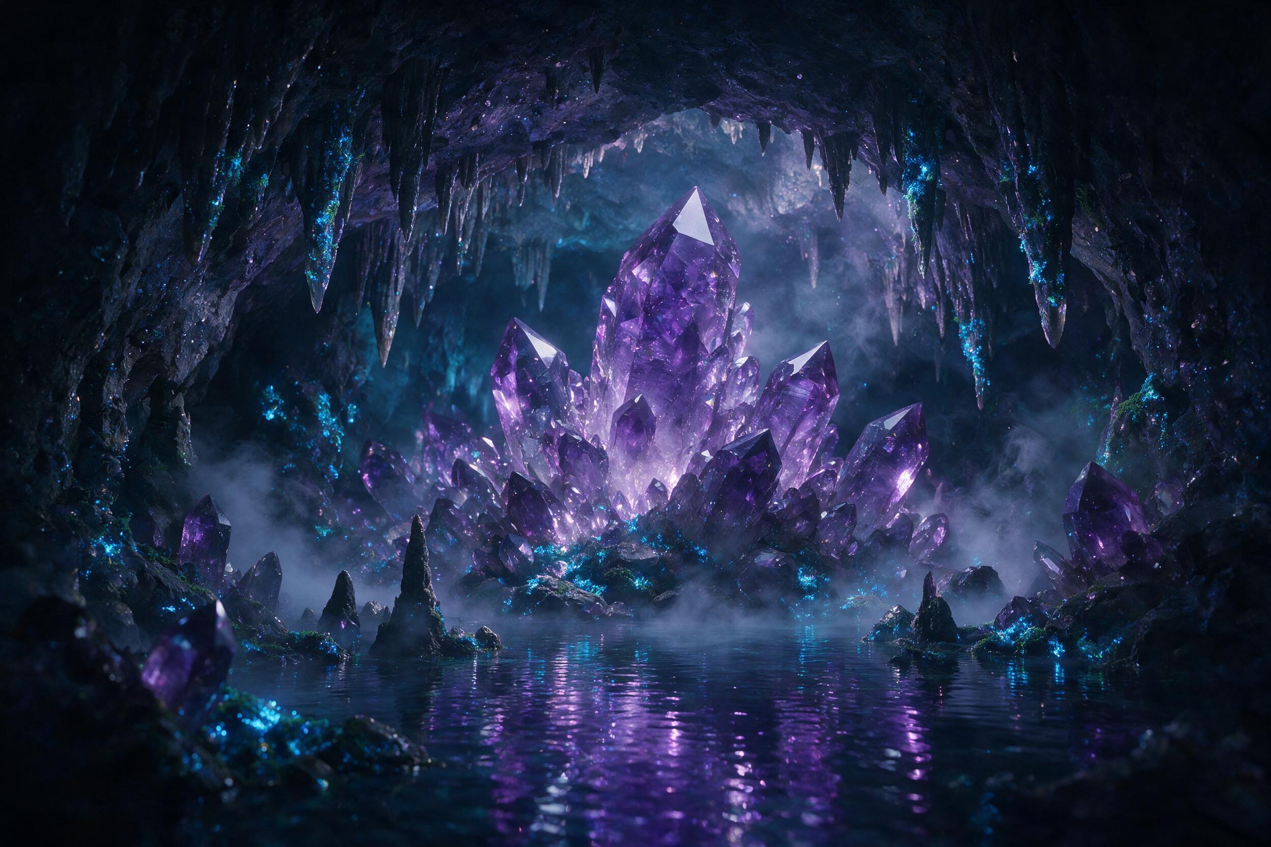 A glowing crystal grotto, massive amethyst formations rise from reflective water, bioluminescent blue moss clings to stalactites, soft mist swirls, deep purple and cyan light, serene otherworldly atmosphere, vignette composition.