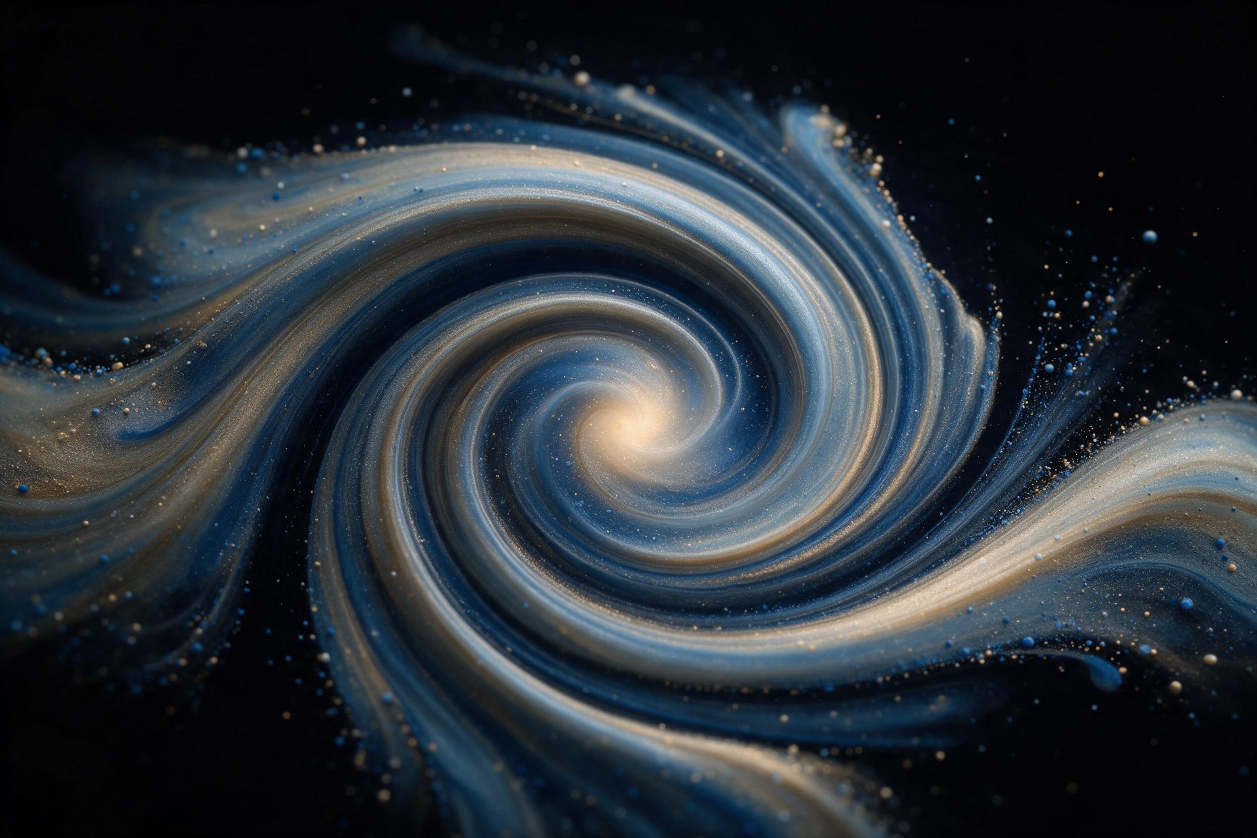 Fluid abstract art, swirling curves of iridescent blue and gold, on a black background, with subtle particle dispersion and soft glow at the core, macro lens, sharp focus on the center, muted color palette, no text