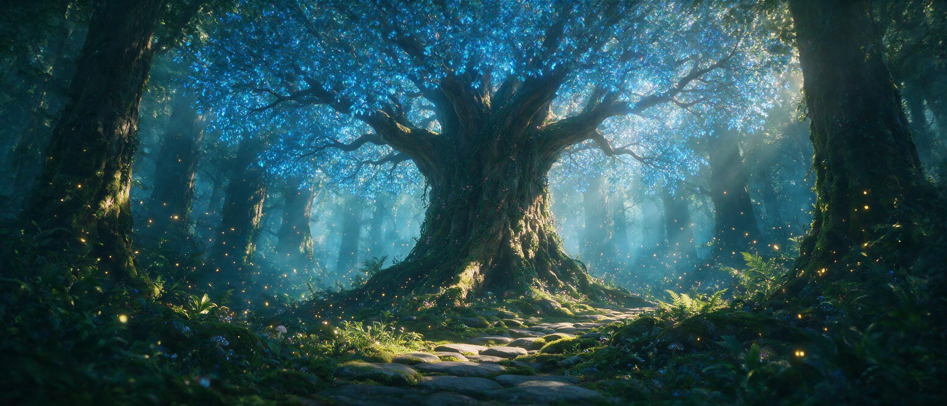 An ancient, colossal tree with glowing, bioluminescent blue leaves stands in a misty, enchanted forest. Soft, dappled sunlight filters through the canopy, illuminating swirling fireflies. A winding path of mossy stones leads into the deep, verdant shadows. Magical, ethereal atmosphere, cinematic com