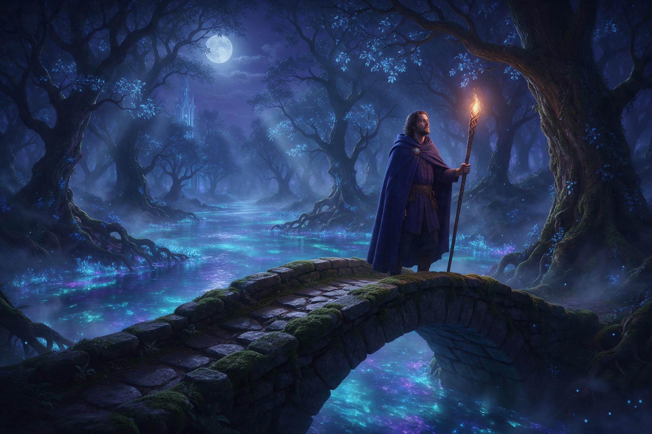 A lone wizard standing on a moss-covered stone arch bridge over a glowing bioluminescent river, ancient twisted trees with luminescent blue leaves, mist curling through the air, soft moonlight rays breaking through the canopy, warm torchlight from his staff, deep purples and teals, cinematic composi