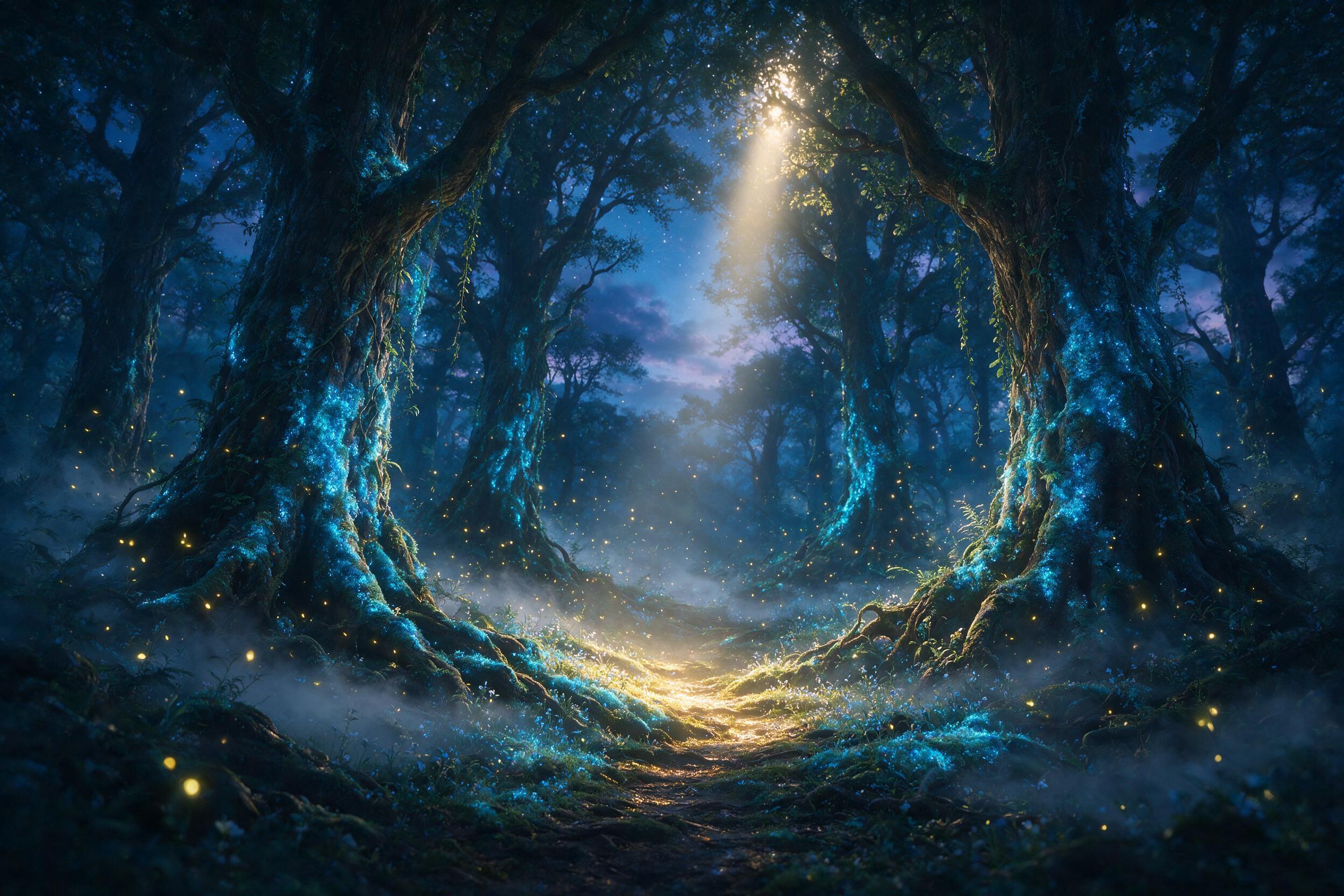 A luminous forest at twilight, with ancient trees draped in glowing blue moss, ethereal fireflies drifting between gnarled roots, soft mist hugging the ground, a single beam of golden moonlight piercing through the canopy, painting a shimmering path on the mossy floor, dreamlike and serene.