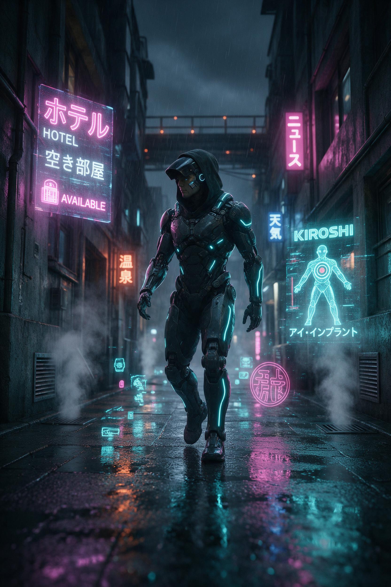 A lone figure in a glowing exosuit walks through a rain-slicked neon alley, holographic advertisements flickering on wet concrete, steam rising from vents, cybernetic implants catching cyan light, shallow depth of field, slight motion blur.