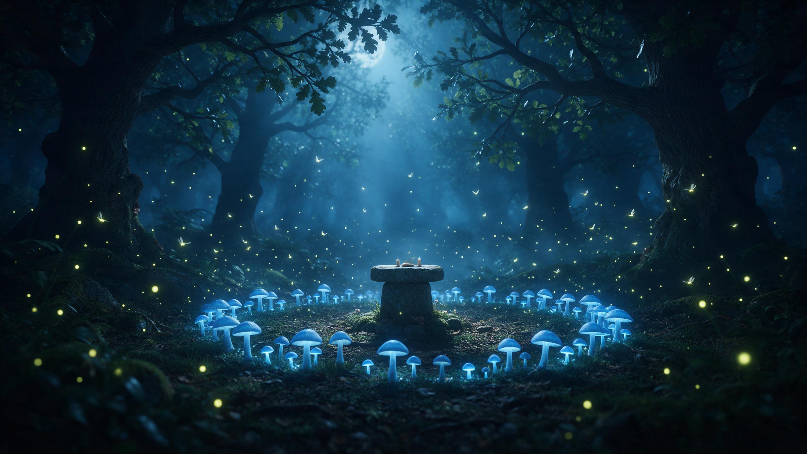 In a moonlit enchanted forest, a glowing blue mushroom circle surrounds a small stone altar. Fireflies drift like tiny lanterns, weaving through misty air. Misty light rays filter through ancient oak branches, casting soft shadows on mossy ground. Composition: low-angle shot, altar in center, mushro