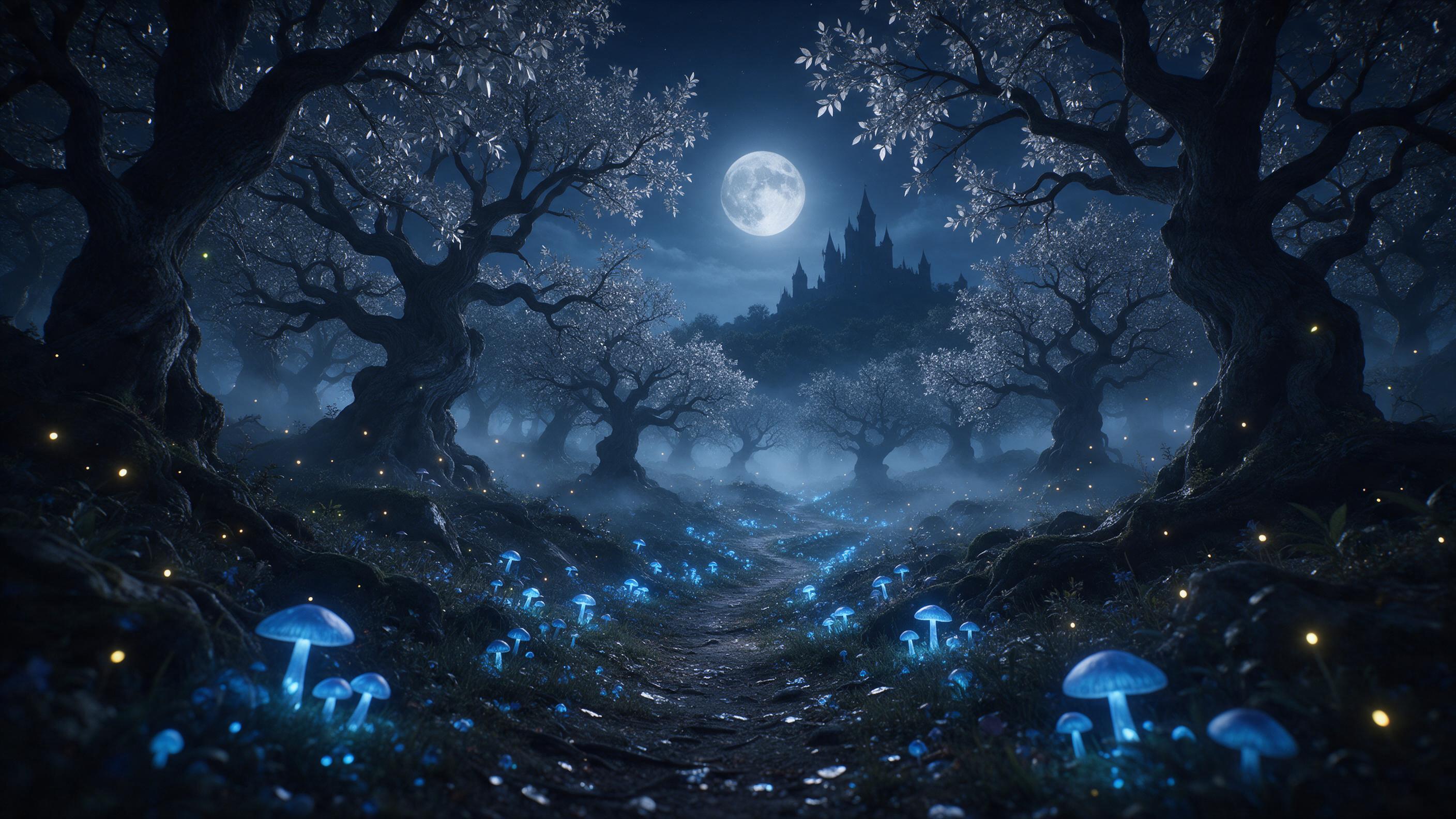 A moonlit enchanted forest, bioluminescent blue mushrooms glowing along a winding path, ancient twisted oaks with silver leaves, distant castle silhouette on a hill, mist rolling between trees, soft cool tones with warm firefly accents, low-angle wide shot emphasizing depth and scale