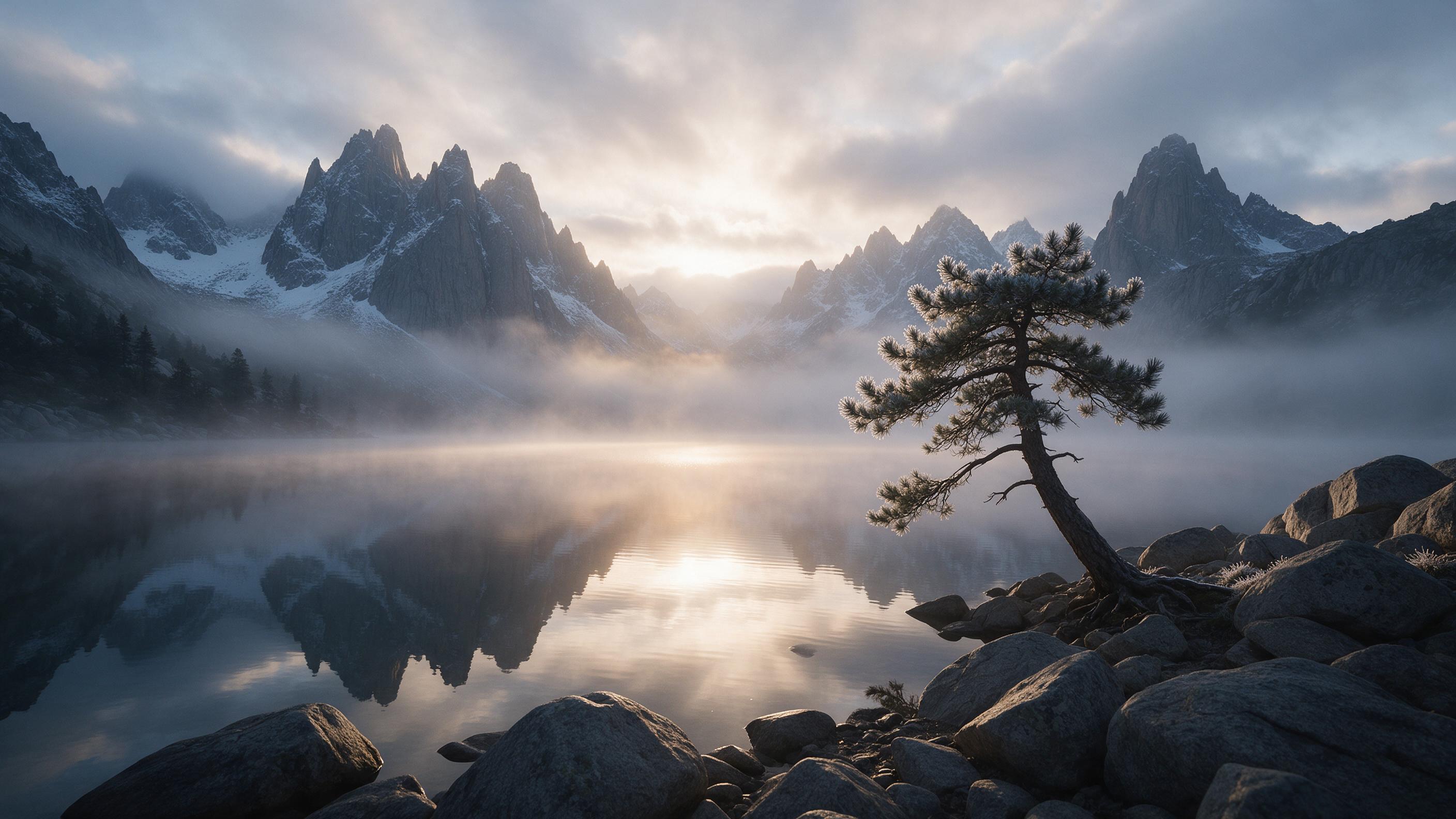 Misty alpine lake at sunrise, mirror-still water reflecting jagged granite peaks dusted with fresh snow. Soft golden light breaks through low clouds, creating long warm streaks across the surface. A lone pine leans over the rocky shore, needles tipped with frost. Foreground boulders in cool shadow, 