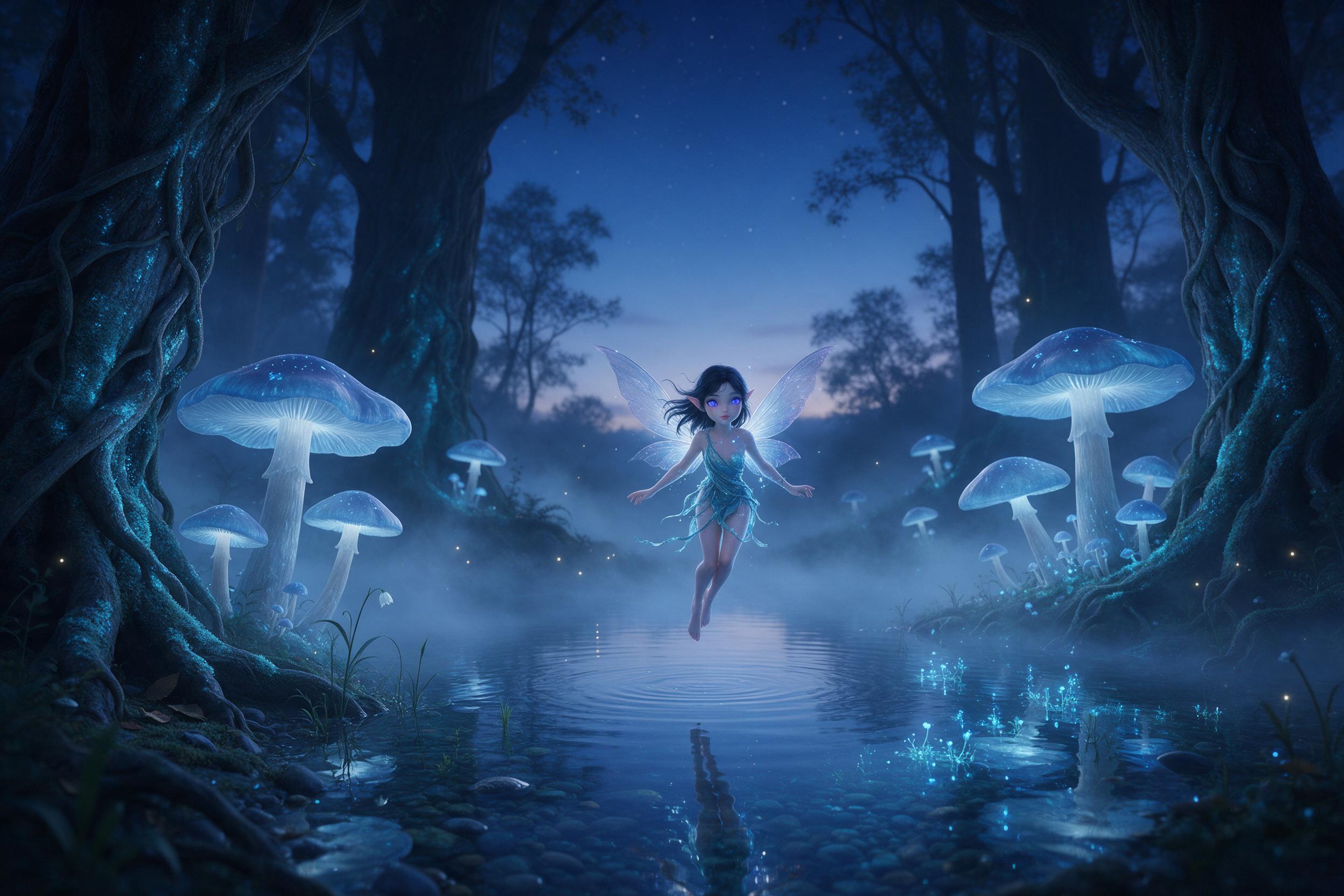 A misty forest clearing at twilight, where giant glowing mushrooms emit soft blue light, and a small fairy with translucent wings hovers over a crystal-clear pond reflecting starry sky. Fog swirls around ancient twisted trees, their bark covered in luminous moss. Composition centered on the fairy, g