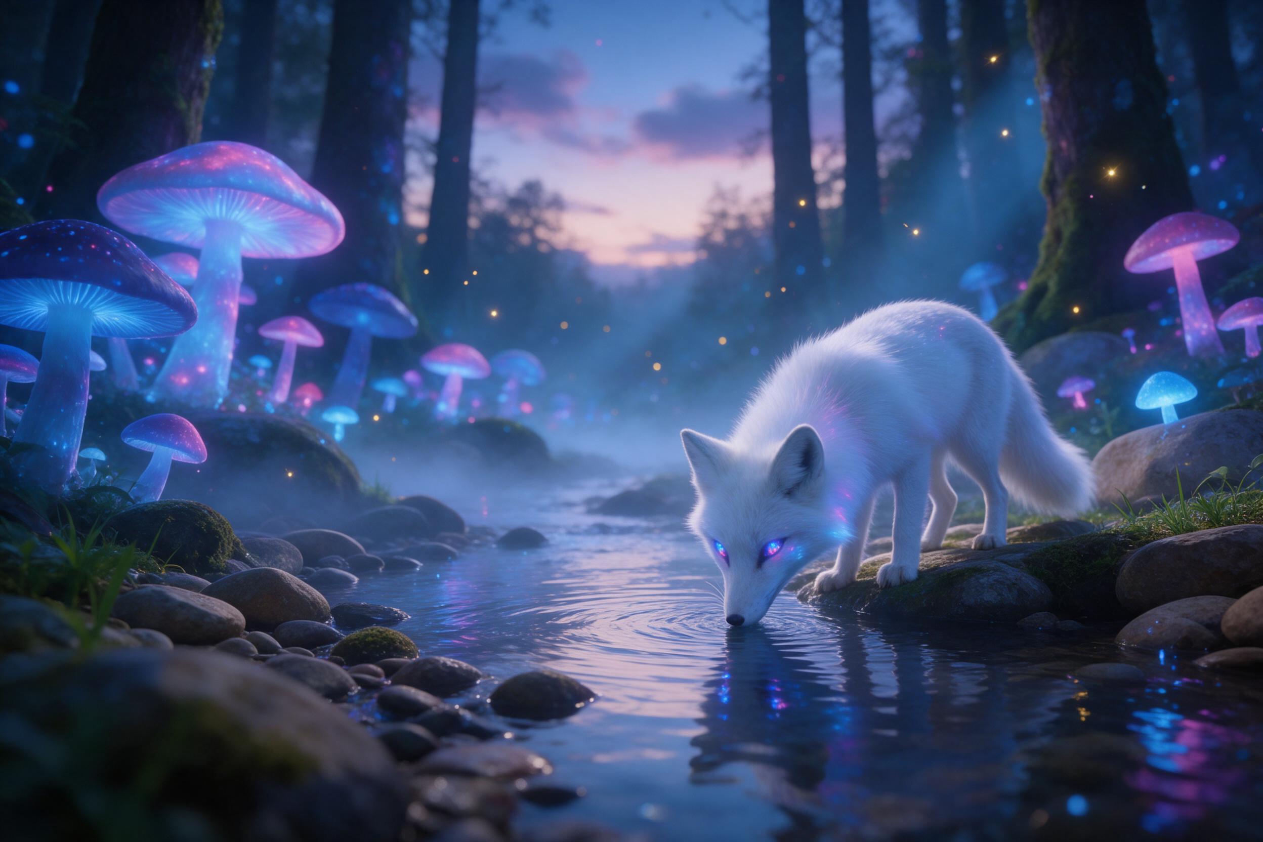 A bioluminescent forest at twilight, where giant mushrooms glow in soft blue and magenta, casting light on scattered fireflies. A misty river weaves through mossy ancient stones. Composition: low-angle view with a lone white fox drinking, glowing eyes reflecting the mushrooms. Lighting: gentle volum