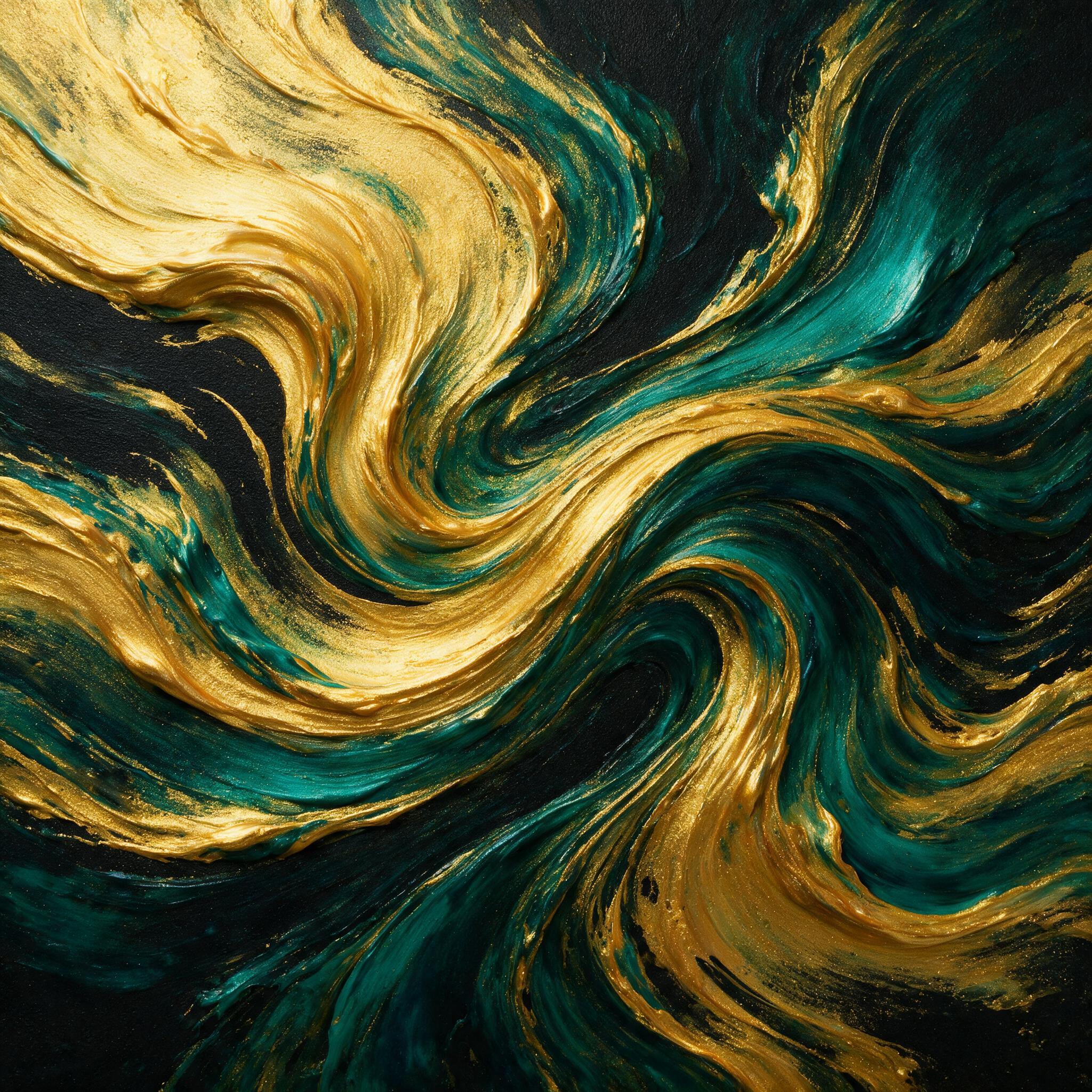 A fluid abstract composition of swirling golden and deep teal paint, thick impasto textures, soft gradient lighting from top-left, minimal negative space, shallow depth of field, on a matte black canvas, slight grain for tactile feel.