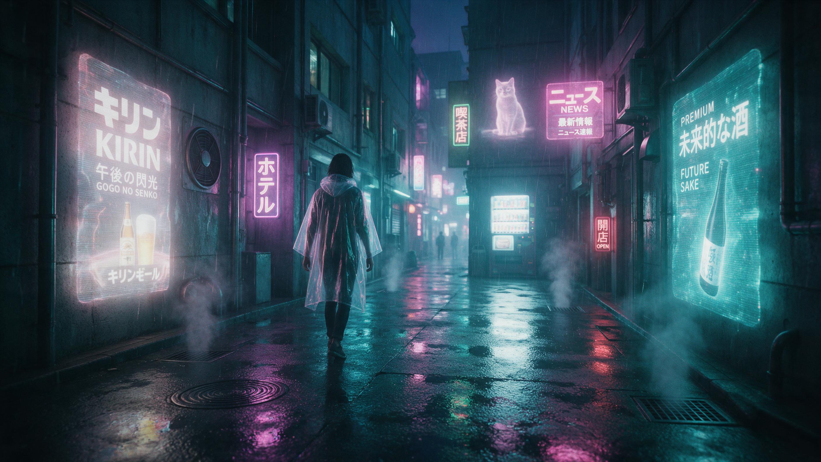 A rain-soaked neon alley in Neo-Tokyo, holographic advertisements flickering on wet concrete, steam rising from vents, a lone figure in a translucent poncho walking toward a distant glowing vending machine, cinematic wide shot, teal and magenta reflections, motion blur on raindrops.