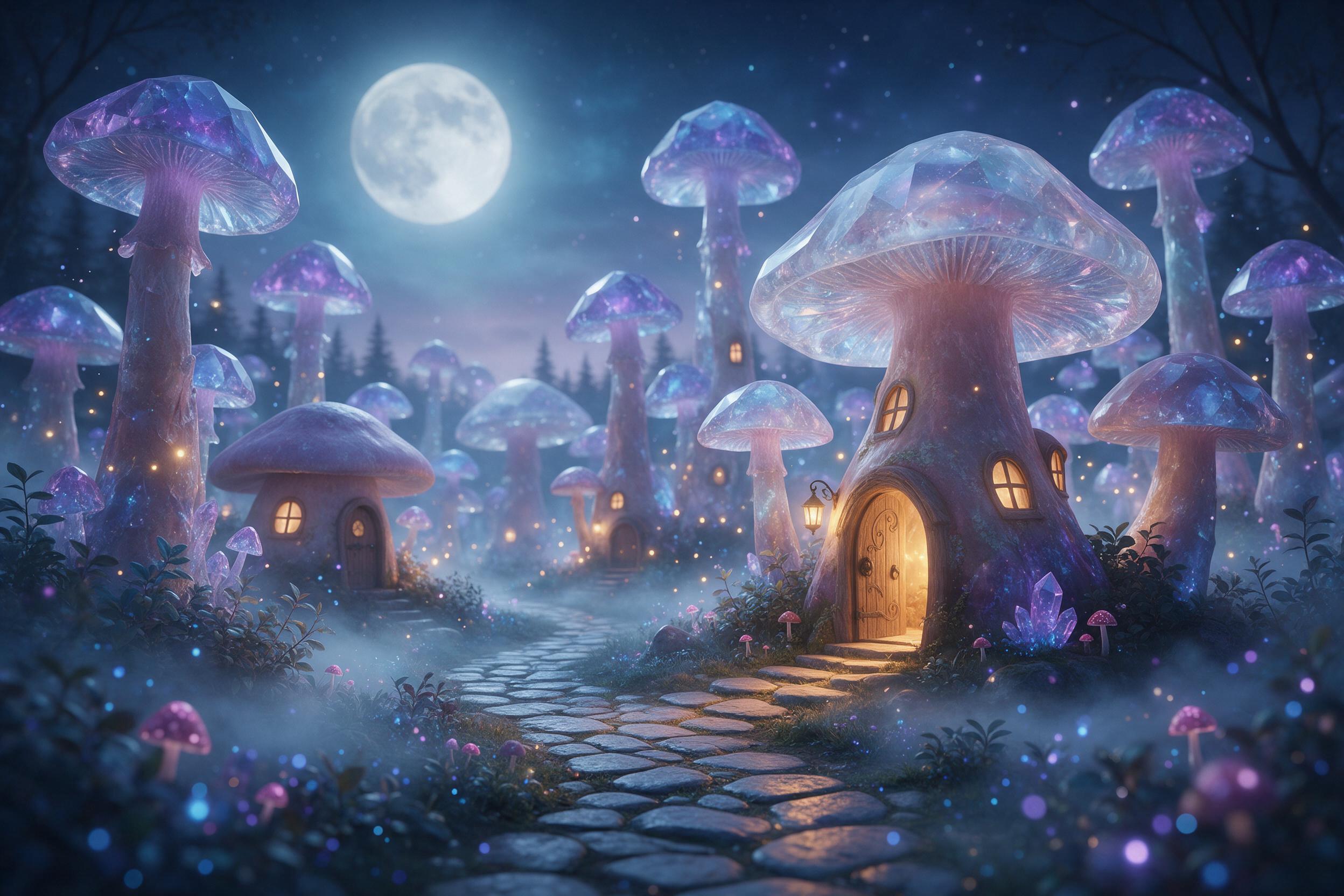 A moonlit fairy village nestled in giant glowing mushrooms, iridescent blue and purple spores drifting in the air, fireflies weaving between crystal-capped stems, soft mist and ethereal bokeh, a winding stone path leading to warm-lit tiny doors in the fungal trunks, dreamy night palette, intricate d