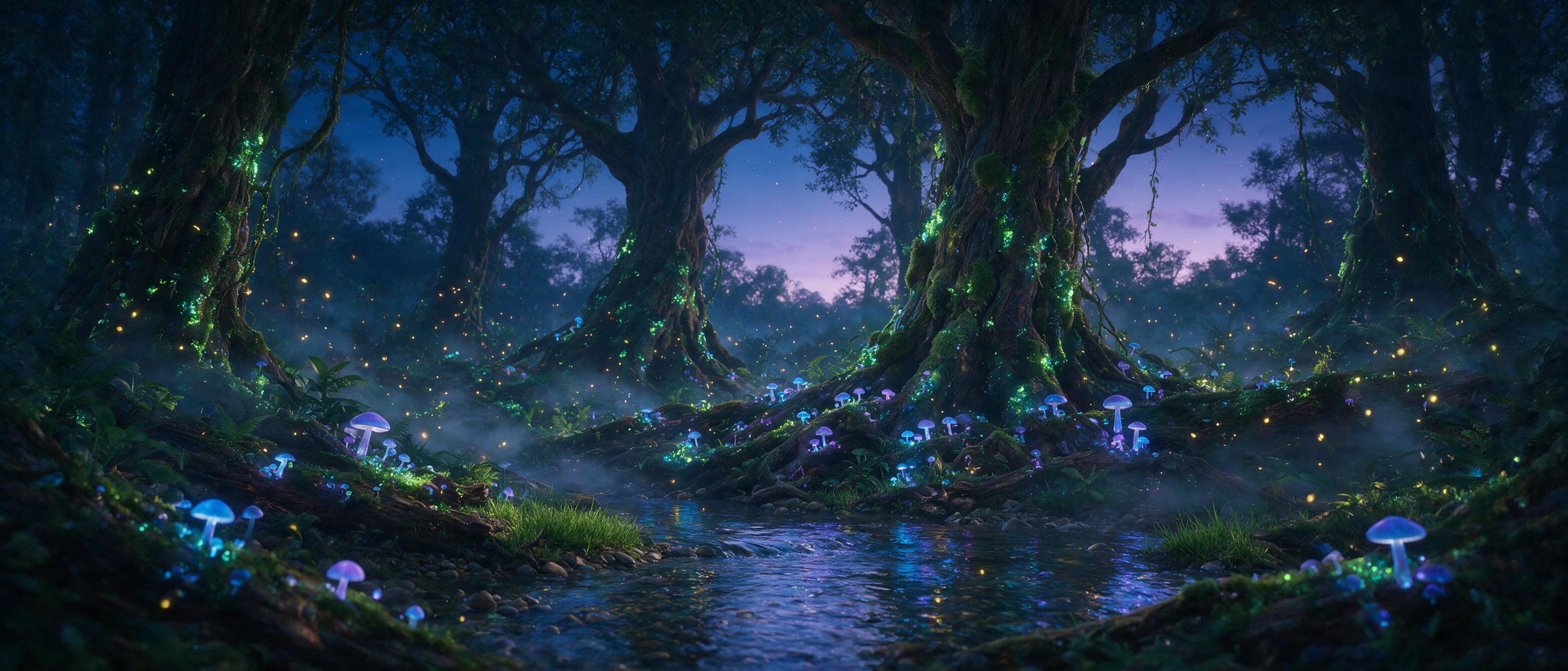 A luminous, bioluminescent forest at twilight, ancient gnarled trees with glowing blue and purple mushrooms, soft mist weaving through the undergrowth, fireflies drifting like tiny stars, a gentle stream reflecting the ethereal light, shallow depth of field, cinematic composition, natural lighting, 