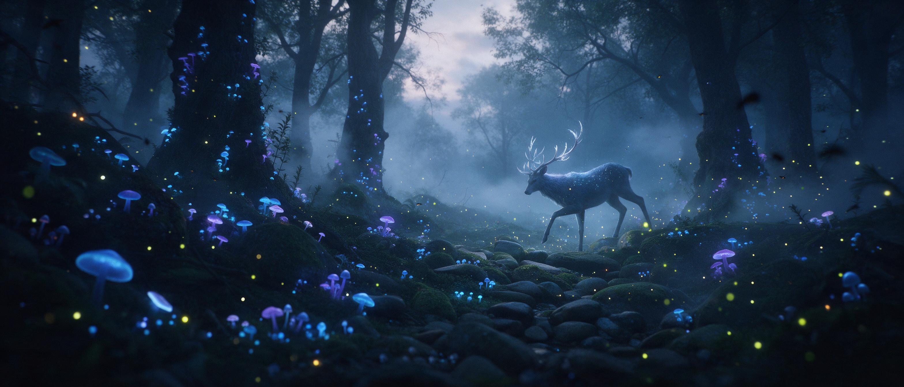 In a misty twilight forest, bioluminescent fungi glow in blue and purple, a ethereal stag with silver antlers steps over mossy stones, fireflies drift like living stars, fog swirls around ancient trees, soft diffuse light from above, dreamy atmosphere, subtle film grain, wide composition emphasizing