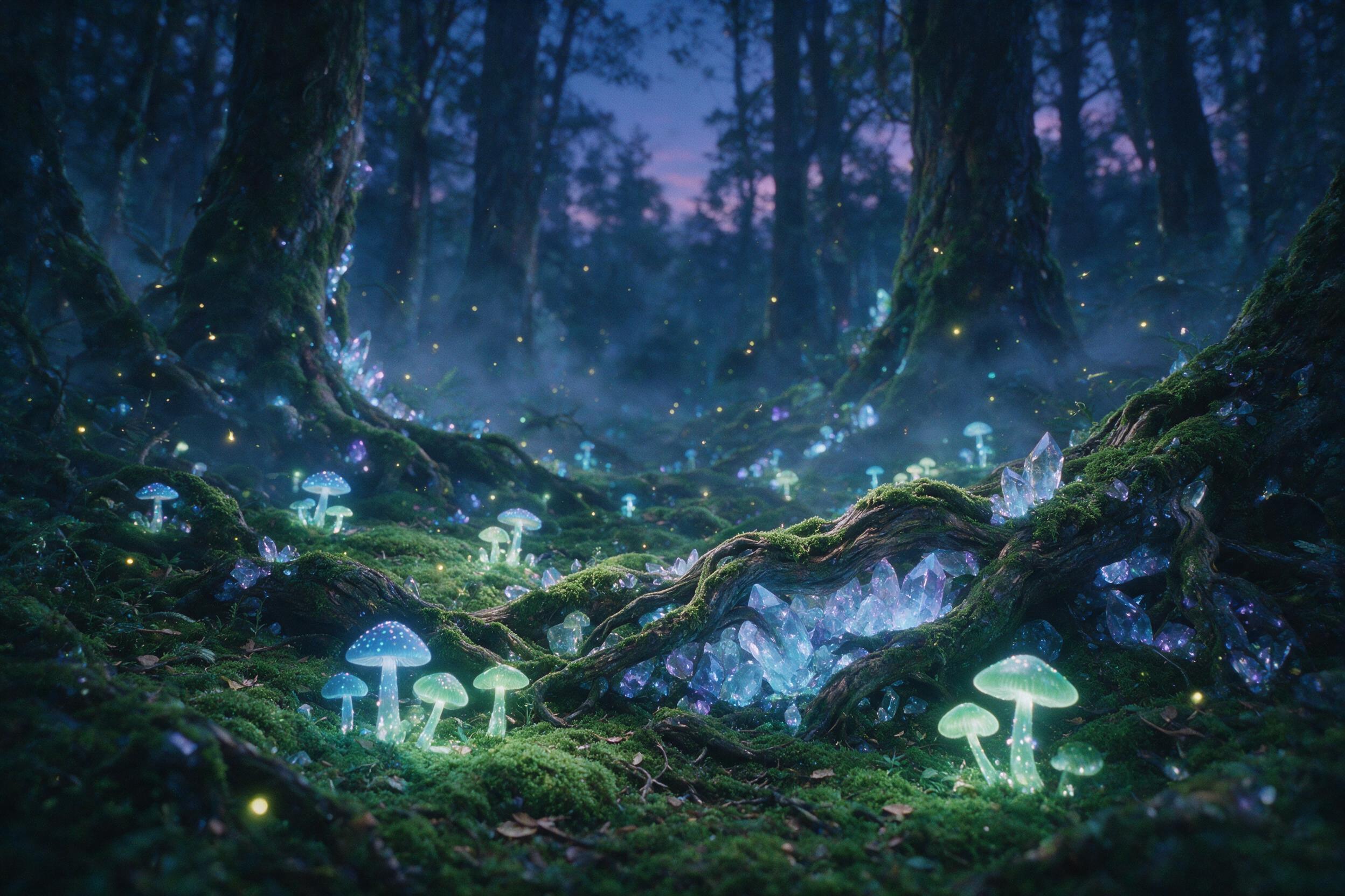 A luminous forest at twilight, glowing mushrooms and fireflies illuminate mossy ground, ancient tree roots entwine with crystal formations, soft mist curls between trunks, ethereal blue and purple light, shallow depth of field, natural grain, 35mm film aesthetic