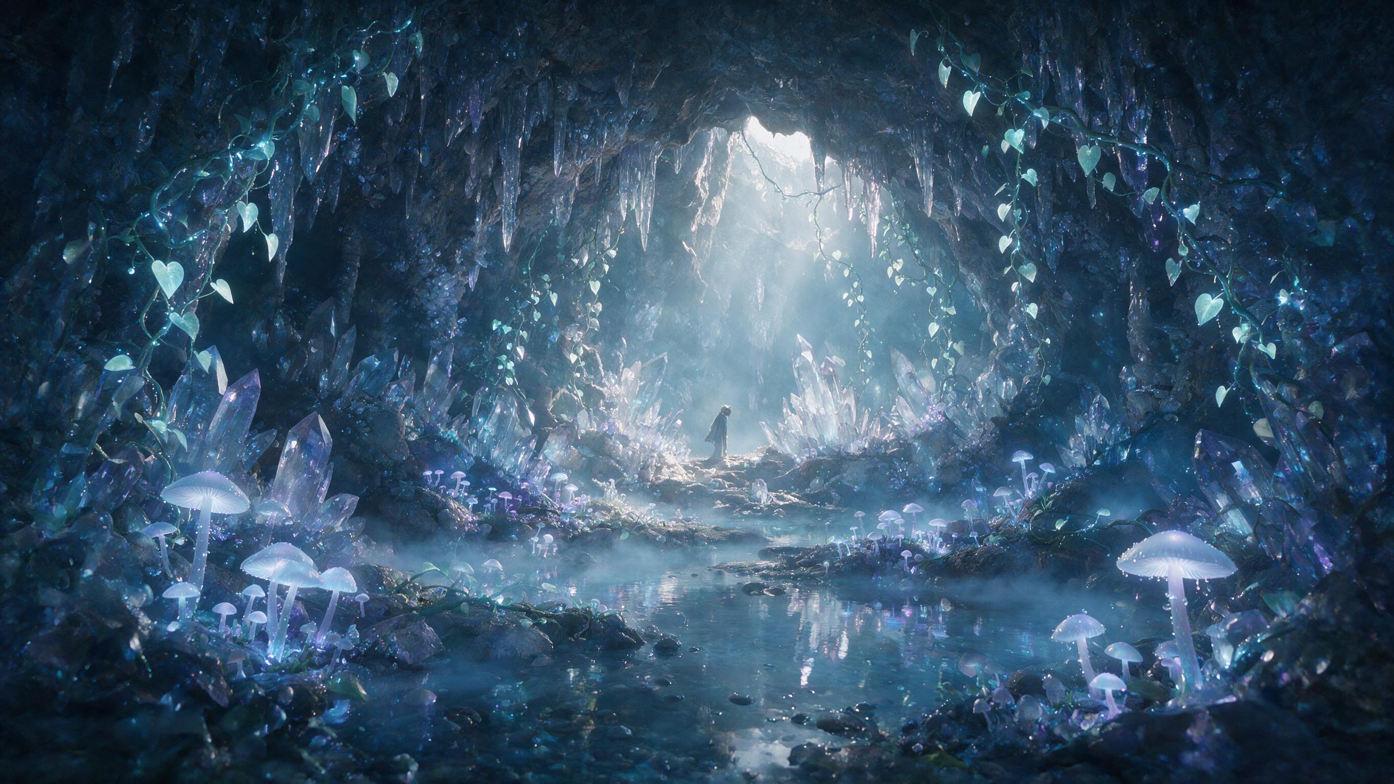 A luminous crystal cave deep underground, glowing bioluminescent mushrooms and vines casting soft blue and purple light on misty pools, a lone figure in a flowing cloak stands at the entrance, rays of light piercing through cracks from above, ethereal atmosphere