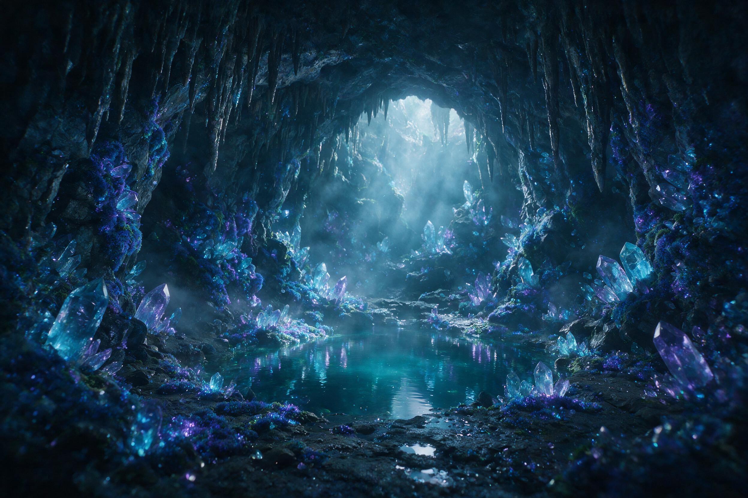A luminous crystal cave deep underground, bioluminescent blue and purple moss covering jagged rock formations, a small glowing pond reflecting the crystals, soft mist drifting, ethereal light rays piercing through, slight camera shake, dreamlike atmosphere.