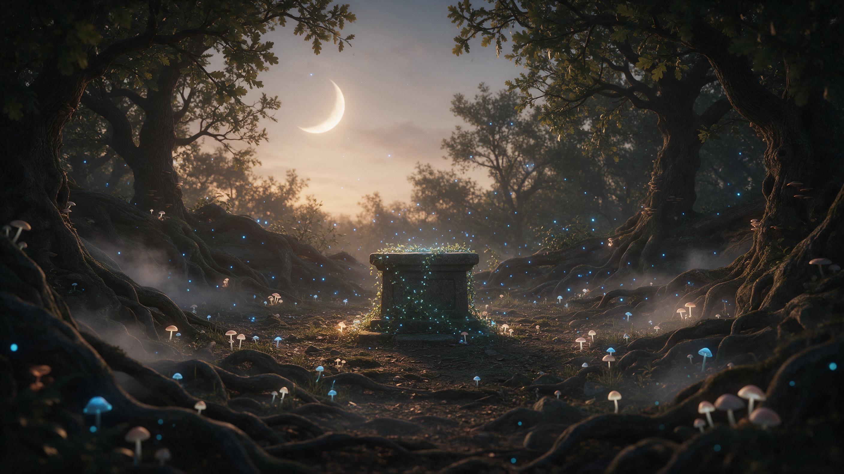 An ancient forest clearing lit by bioluminescent mushrooms and floating blue fireflies, a lone stone altar overgrown with glowing vines, mist swirling between gnarled oak roots, soft amber light from a setting crescent moon, cinematic depth, airy atmosphere
