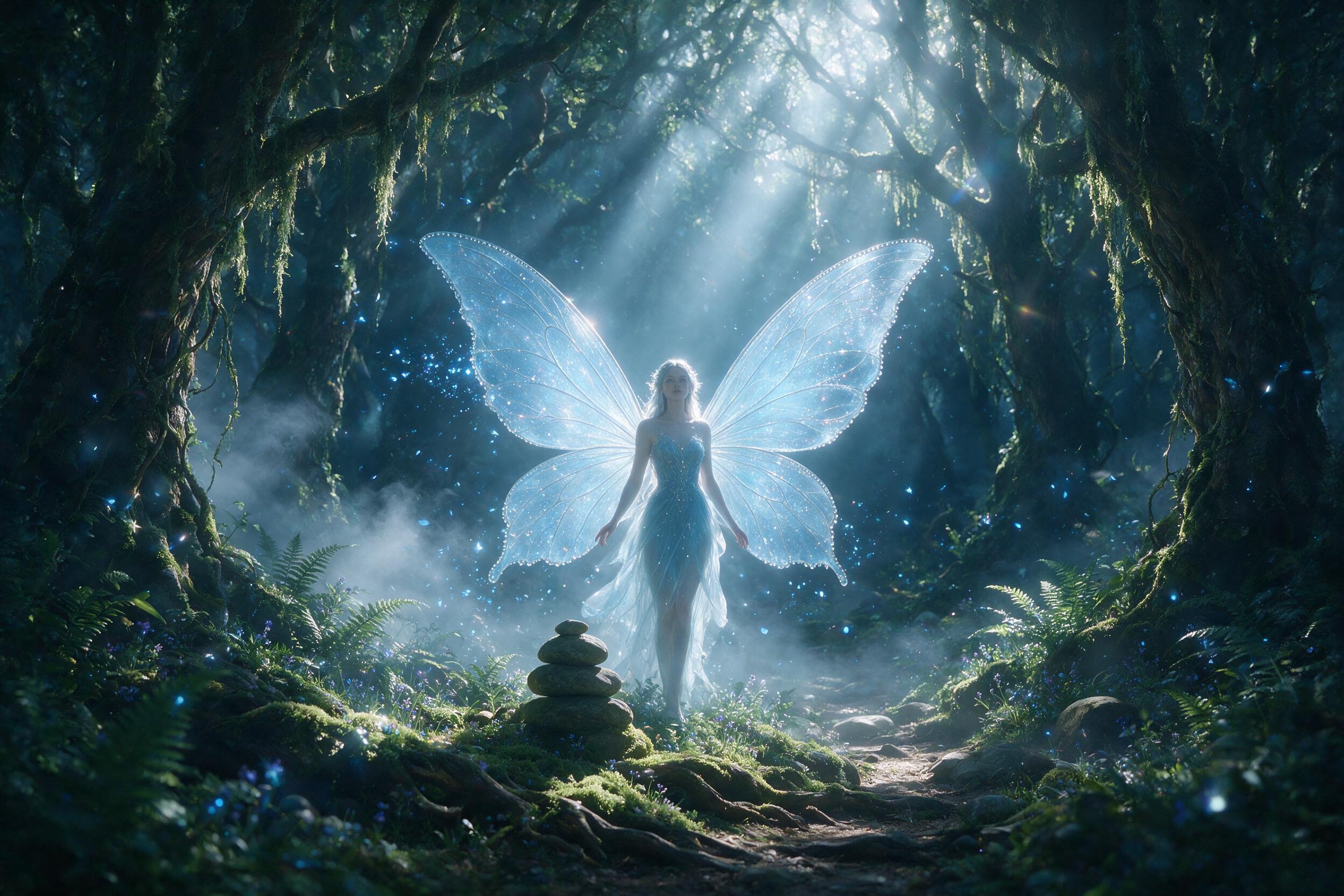 Ethereal fairy queen with translucent wings, glowing blue pollen, dense ancient forest, soft mist, moonlight streaming through canopy, delicate moss on stone, serene expression, dreamlike atmosphere, subtle lens flare, organic shapes