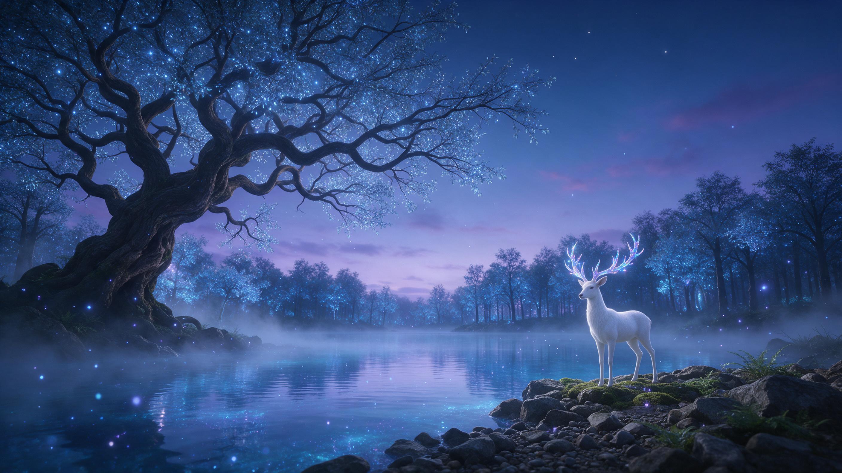 A glowing crystal lake at twilight, surrounded by ancient twisted trees with luminescent blue leaves, mist swirling over the water surface, a lone white stag with antlers that shimmer like opal standing on the shore, soft bioluminescent spores drifting in the air, cool blue and purple color palette,