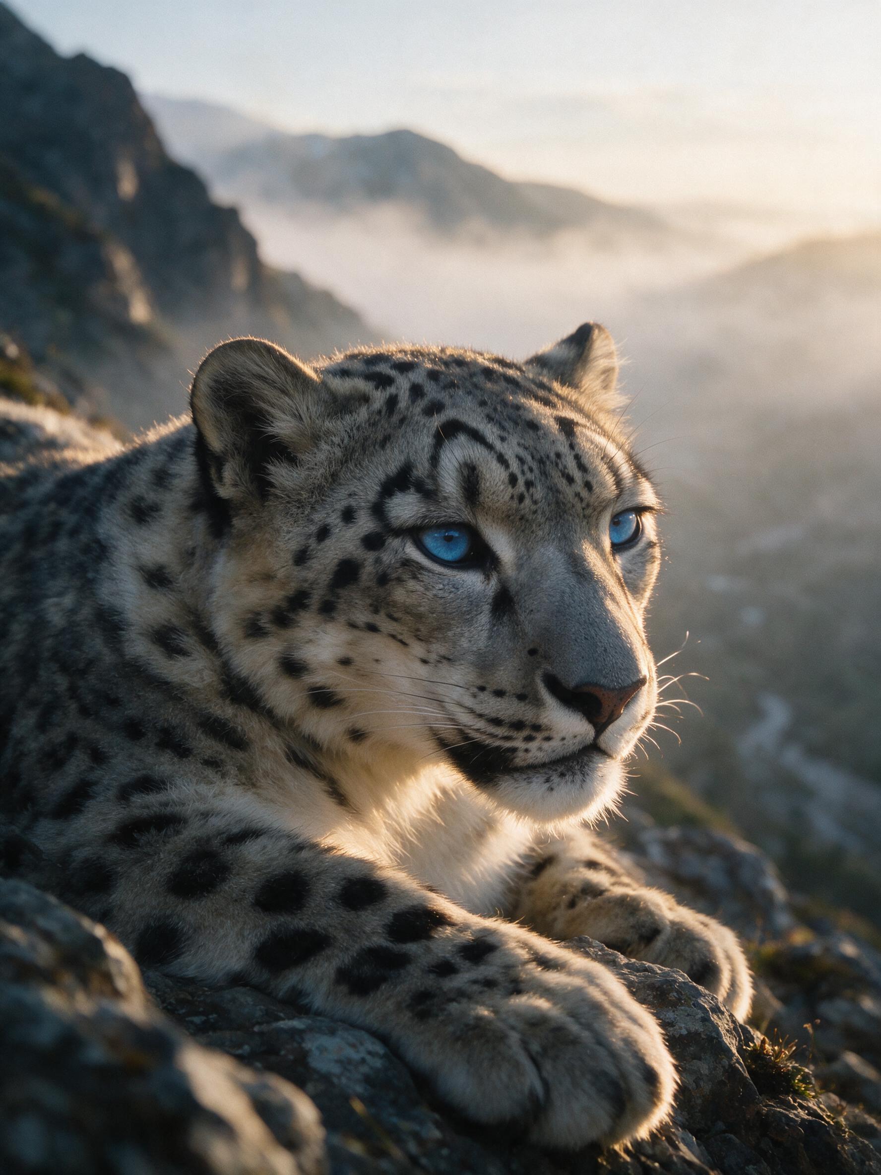 A close-up portrait of a snow leopard resting on a rocky outcrop at dawn, soft golden light illuminating its fur and piercing blue eyes, misty mountain valley in the background, shallow depth of field with natural grain, slightly blurred edges from morning haze