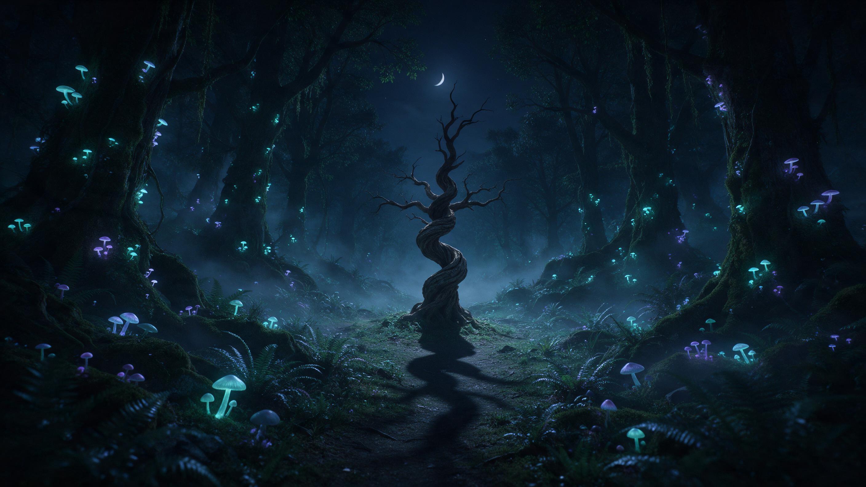 An ancient forest where bioluminescent mushrooms and ferns glow in soft teal and violet hues. A gentle mist weaves between mossy trees, with a winding path disappearing into the dark. The lone withered tree at its center, twisted like a spiral, casts a long shadow under a sliver of moonlight, rays f