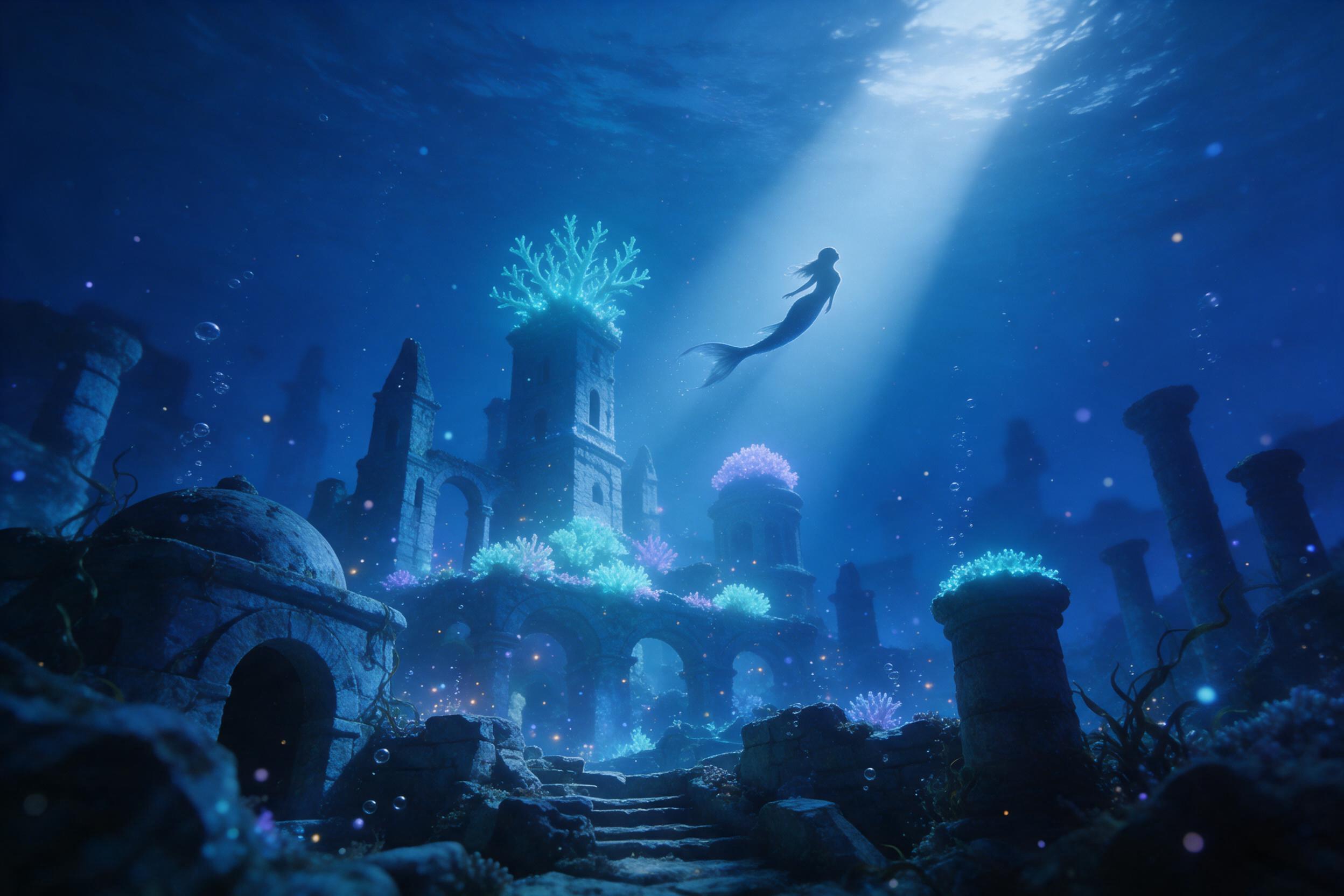 A sunken ancient city beneath a bioluminescent ocean, with glowing coral towers and a single mermaid silhouette swimming through a shaft of moonlight that pierces the deep blue water. Bubbles rise, particles of light float, and the scene has a dreamlike, ethereal atmosphere with soft focus and gentl