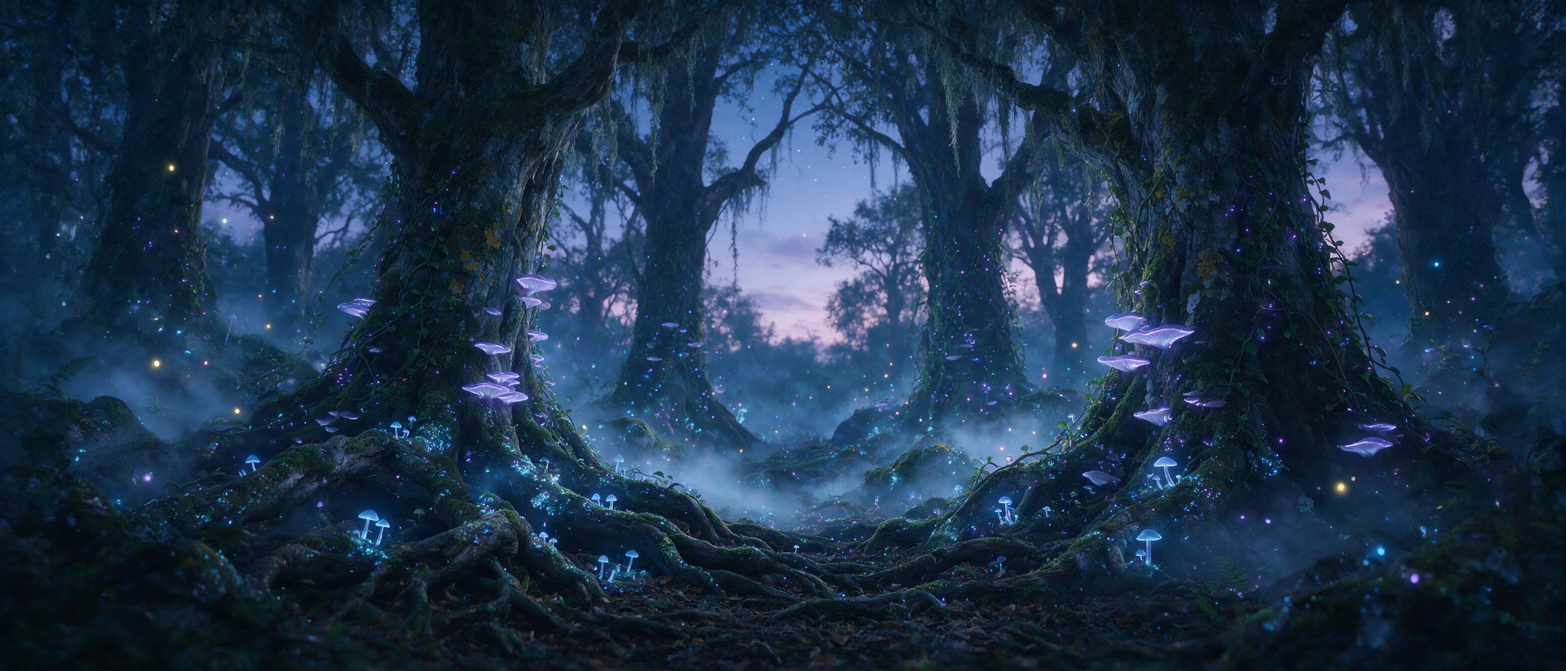 A bioluminescent forest at twilight, glowing mushrooms and vines, ethereal mist swirling, tiny floating orbs of light, ancient twisted tree roots, soft blue and purple hues, dreamlike atmosphere, cinematic composition.