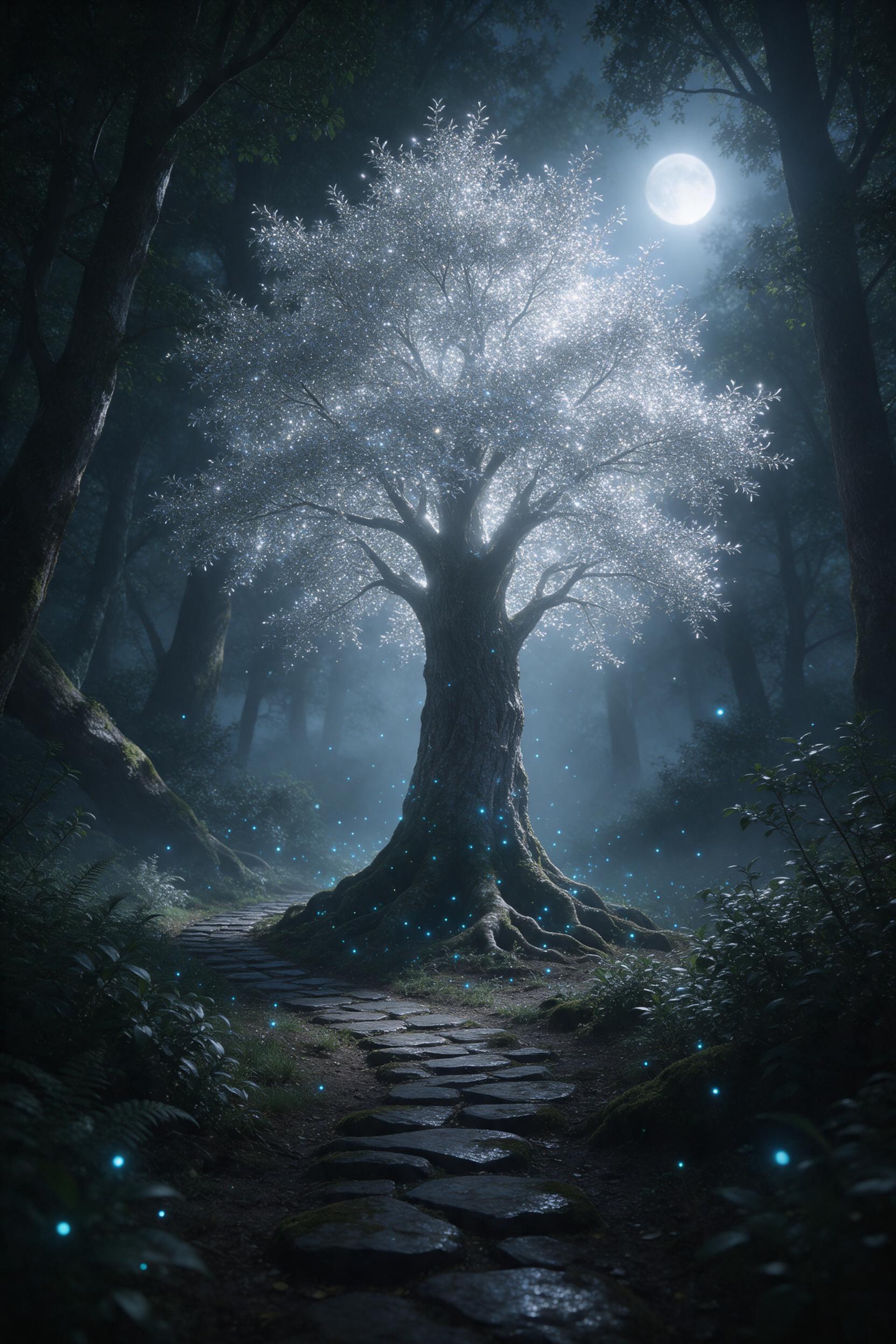 An ancient, glowing tree stands at the center of a misty, moonlit forest. Its silver leaves shimmer like stardust, and tiny blue fireflies drift around its roots. A narrow, moss-covered stone path winds from the foreground into the darkness, lit by soft, ethereal moonlight filtering through the cano