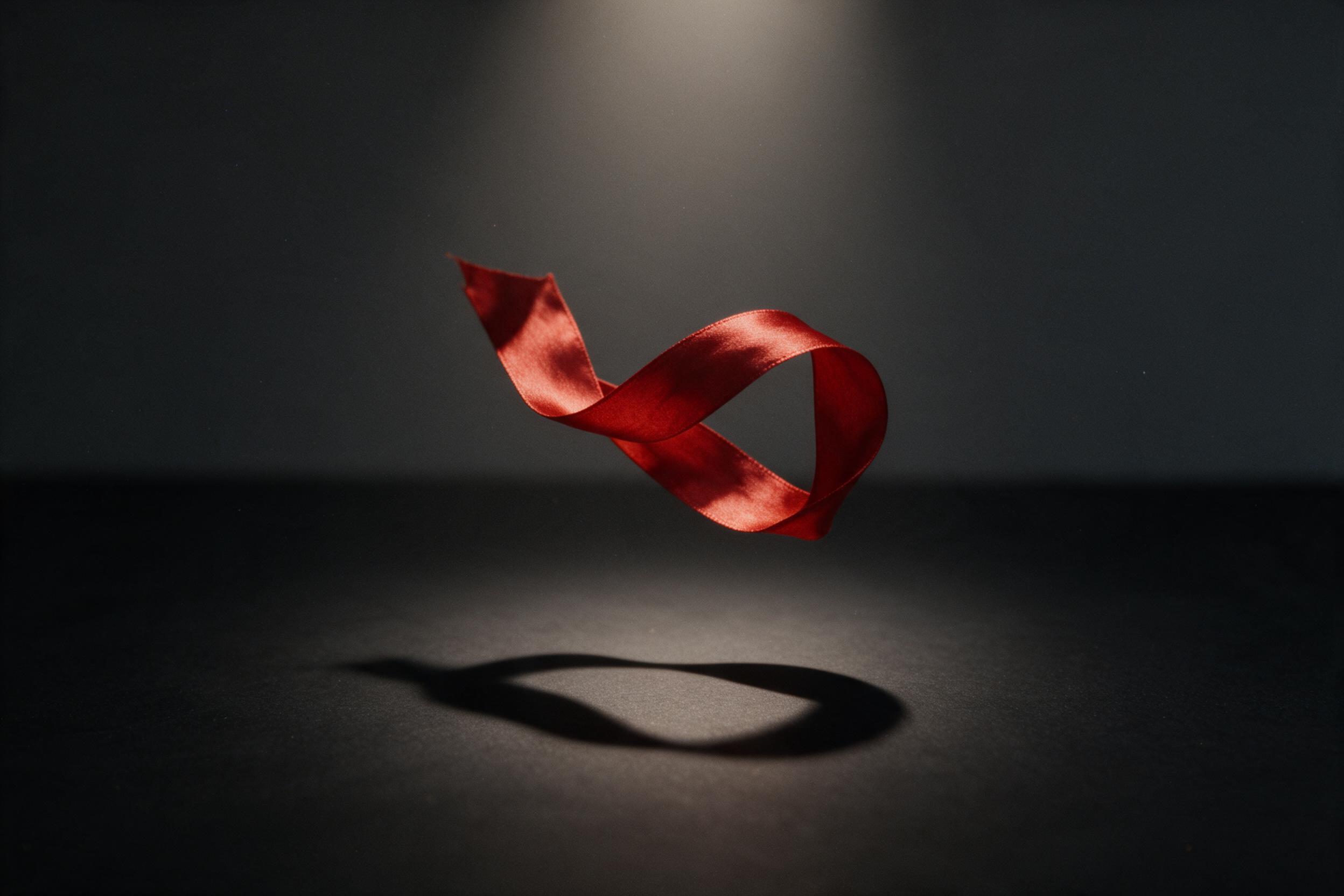 A single crimson silk ribbon floating in a void of deep charcoal grey, lit by a single warm spotlight from above, casting a sharp curved shadow on a matte black floor, minimal composition, the ribbon frozen mid-twist showing its texture and folds, subtle grain and soft focus at edges, no text or wat