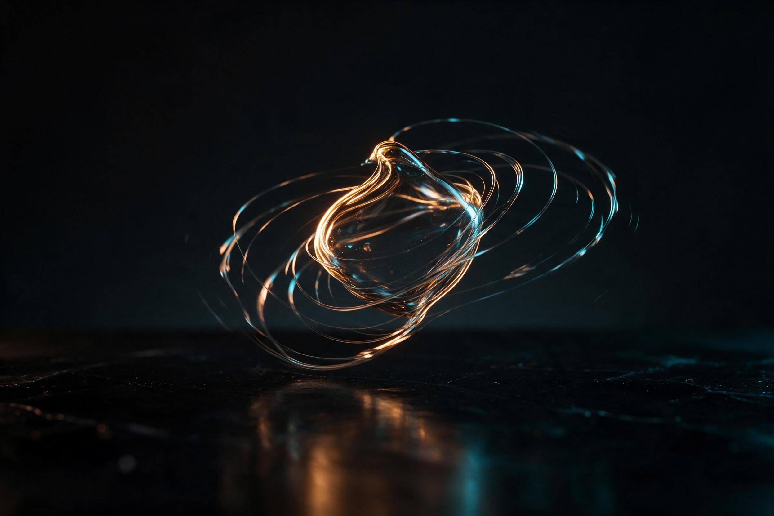A fluid form of molten glass, caught mid-swing with thin strands spiraling outward, catching warm amber and cool cyan rim light against a near-black background. Soft reflections on a polished obsidian surface below, slight blur at edges from motion, minimal composition with negative space.