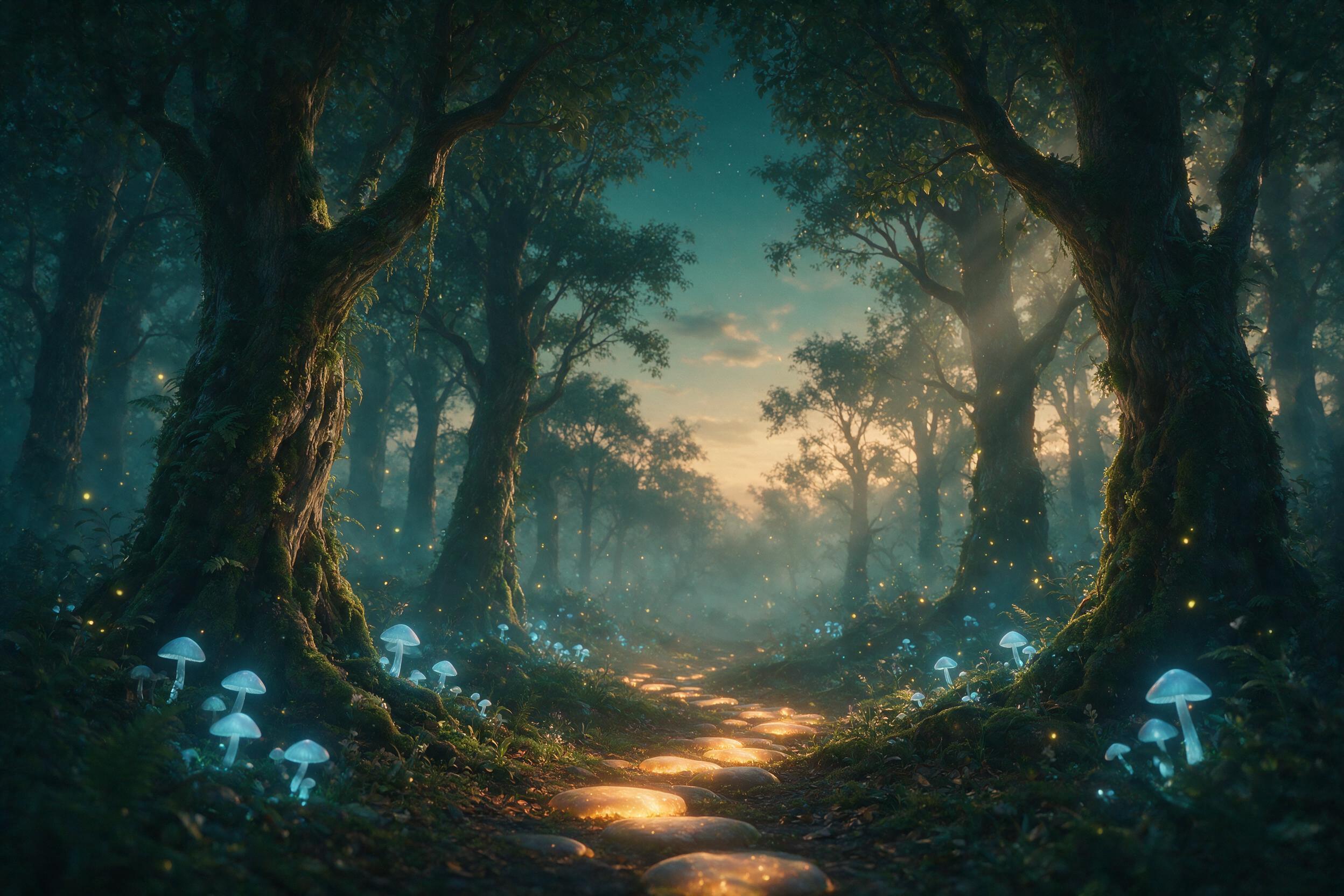 A misty forest at twilight, ancient gnarled trees with glowing blue mushrooms at their roots, a winding path of luminous stepping stones, fireflies drifting in the air, soft volumetric light rays through the canopy, gentle fog, muted teal and amber palette, serene and magical atmosphere, shallow dep