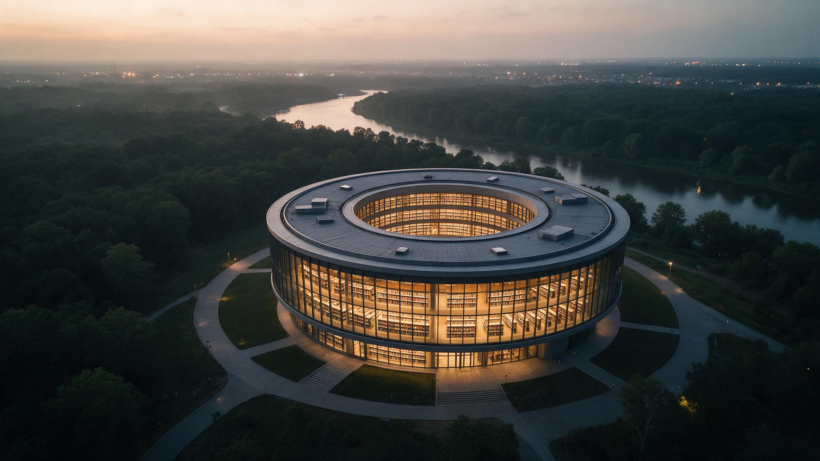Aerial view of a circular modern library at dusk, its glass facade reflecting the warm amber interior glow, surrounded by a dark green forest and a winding river, distant city lights on the horizon, soft twilight haze, slight camera tilt for a dynamic composition
