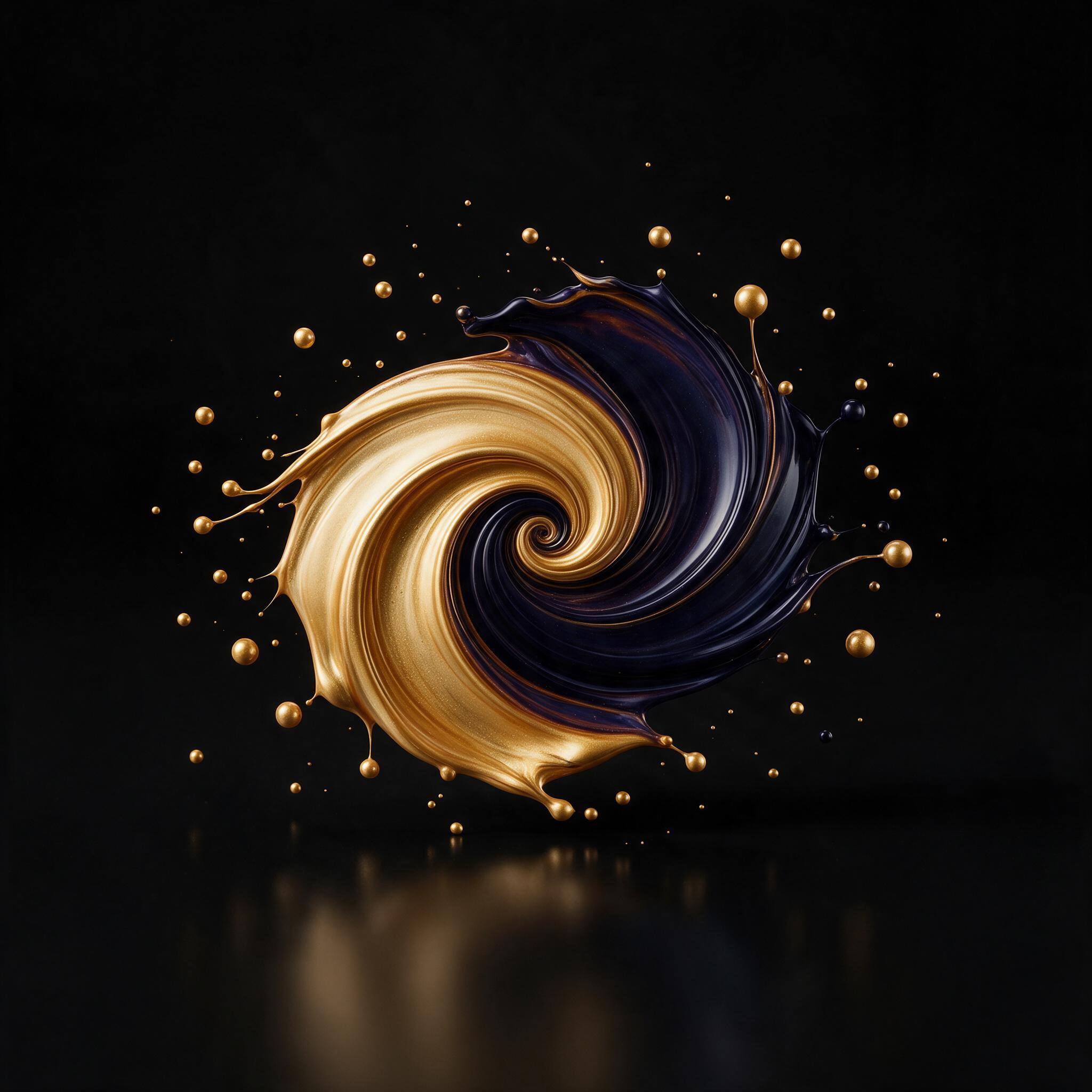 Fluid art of molten gold and deep indigo swirling in a symmetrical double spiral, fine droplets suspended midair, soft studio lighting with gentle reflections on glossy black surface, minimalist composition with vast negative space