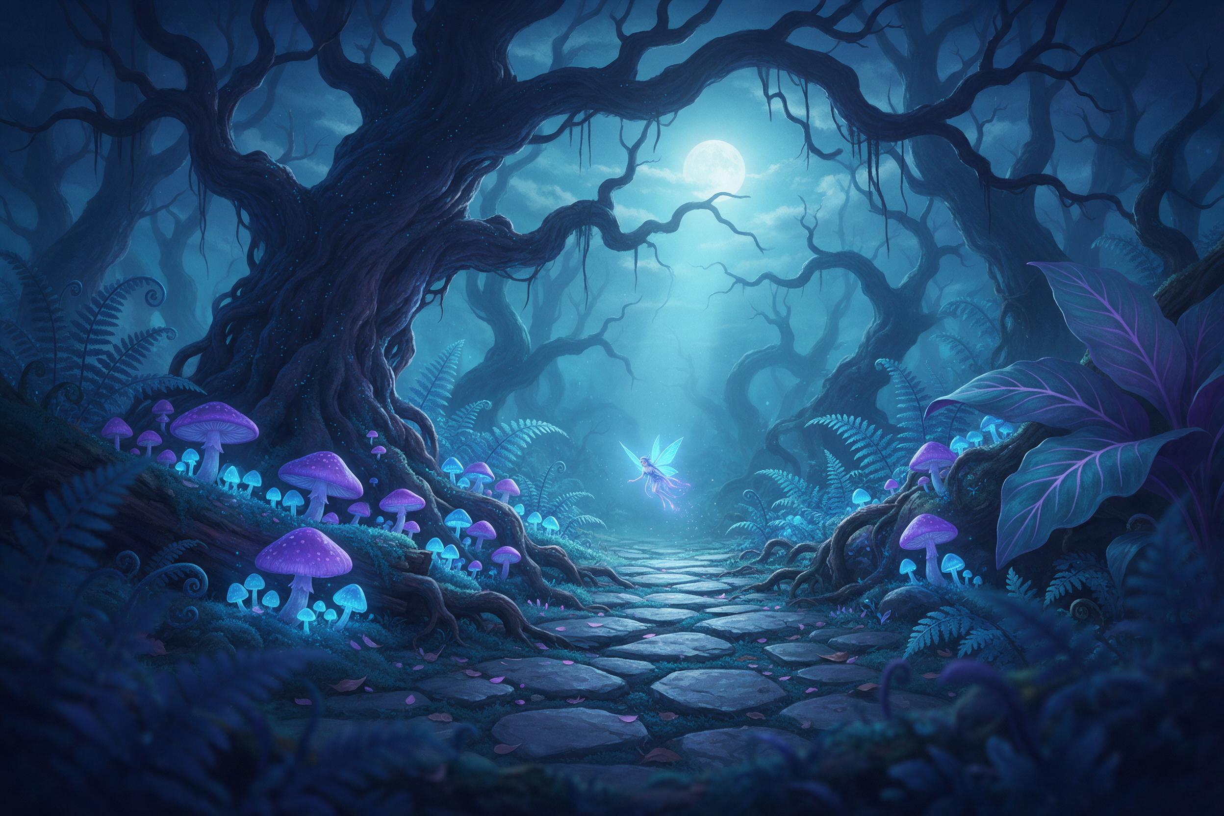 A moonlit bioluminescent forest clearing, ancient twisted trees with glowing blue and violet mushrooms, a small floating sprite casting soft light on a mossy stone path, mist weaving between ferns, cool cyan ambiance, gentle depth of field, digital painting style with rich texture and subtle brushst