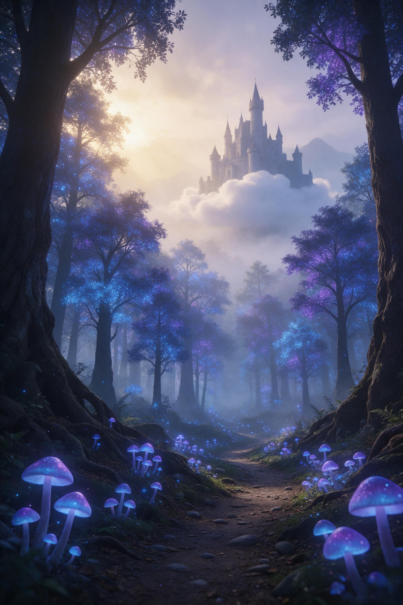 A misty ancient forest with towering bioluminescent trees, their leaves glowing blue and purple. A narrow winding path lined with glowing mushrooms leads to a distant castle floating on a cloud. Soft fog diffuses golden sunrise light, creating layered depth. No people, no modern elements. Slight cam