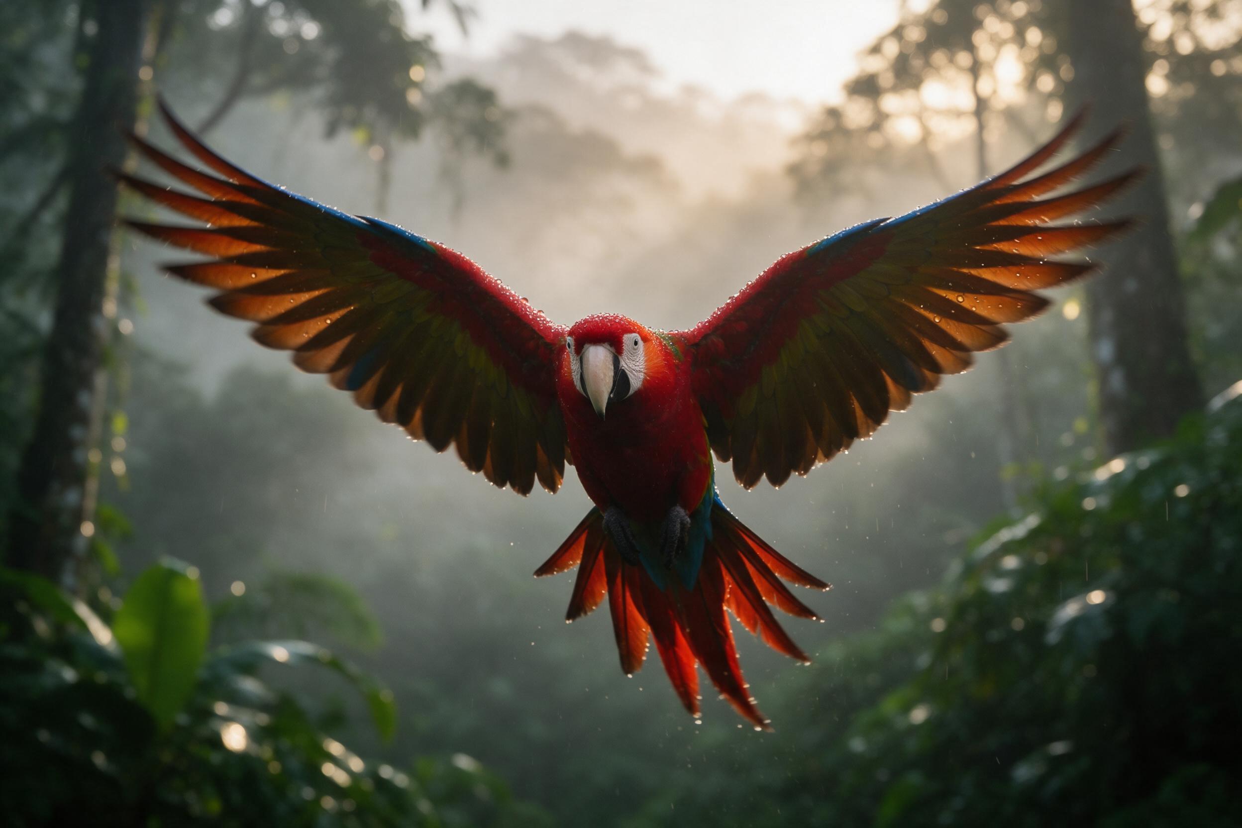 A scarlet macaw mid-flight, wings fully spread, against a misty rainforest backdrop at dawn. Soft golden light filters through canopy, feathers glistening with dew. Shallow depth of field, slight motion blur on wings, natural colors, no artificial elements.