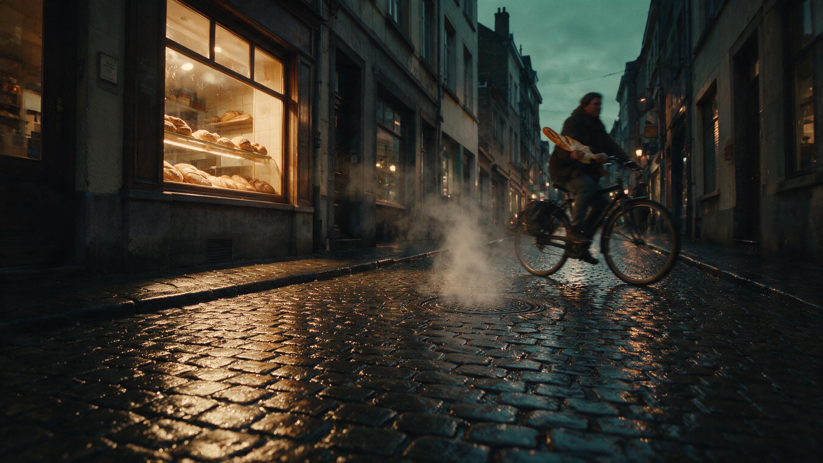 A narrow European street at dusk, cobblestones glistening with rain, warm light spilling from a bakery window onto the wet pavement, a cyclist with a baguette passing through, steam rising from a manhole, muted teal sky, low-angle composition emphasizing depth, naturalistic grain and slight motion b