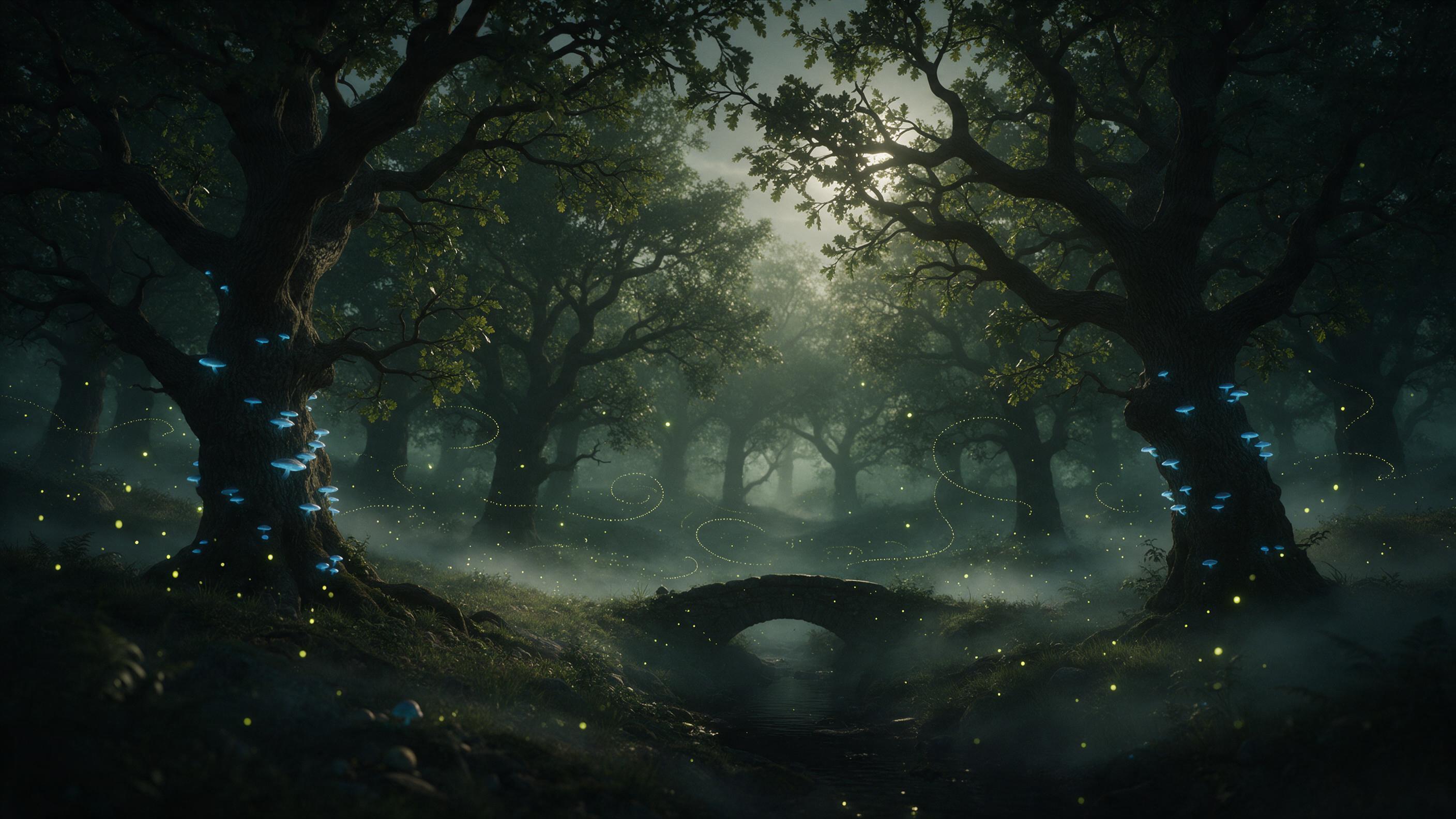 A misty ancient forest at twilight, gnarled oak trees with glowing blue fungi, a small stone bridge over a dark stream, fireflies tracing spirals in the air, moonlight filtering through canopy, soft fog rolling along the ground, muted green and teal palette, ethereal atmosphere, wide-angle compositi
