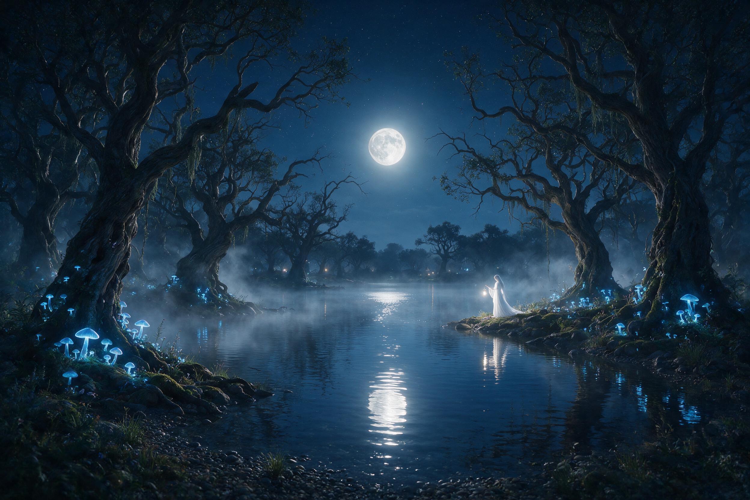A luminous moonlit lake surrounded by ancient, gnarled trees with glowing blue mushrooms at their roots. Soft mist rises from the water, and a lone, ethereal figure in a flowing white gown stands on the shore, holding a lantern. Deep indigo sky with scattered stars, gentle reflections on the water. 
