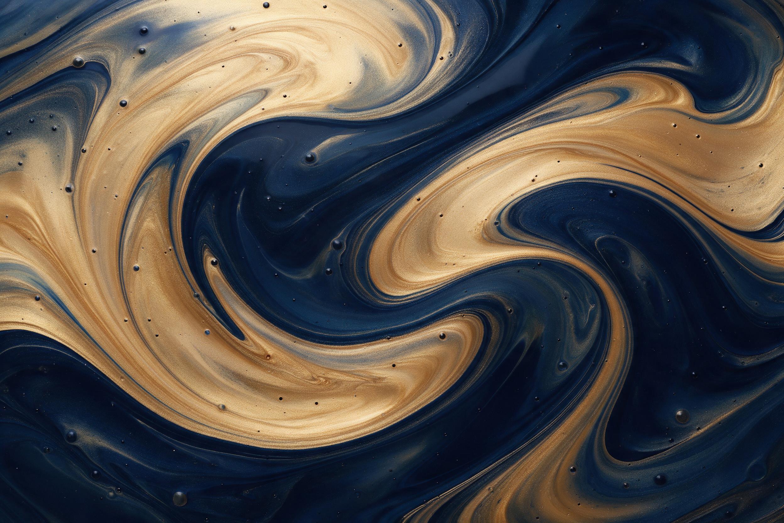 Fluid art of molten gold and deep indigo swirling together, fine bubbles frozen mid-motion, soft reflections on glossy surface, minimalism with elegant curves, diffused overhead lighting creating gentle highlights and shadows, no text or watermark