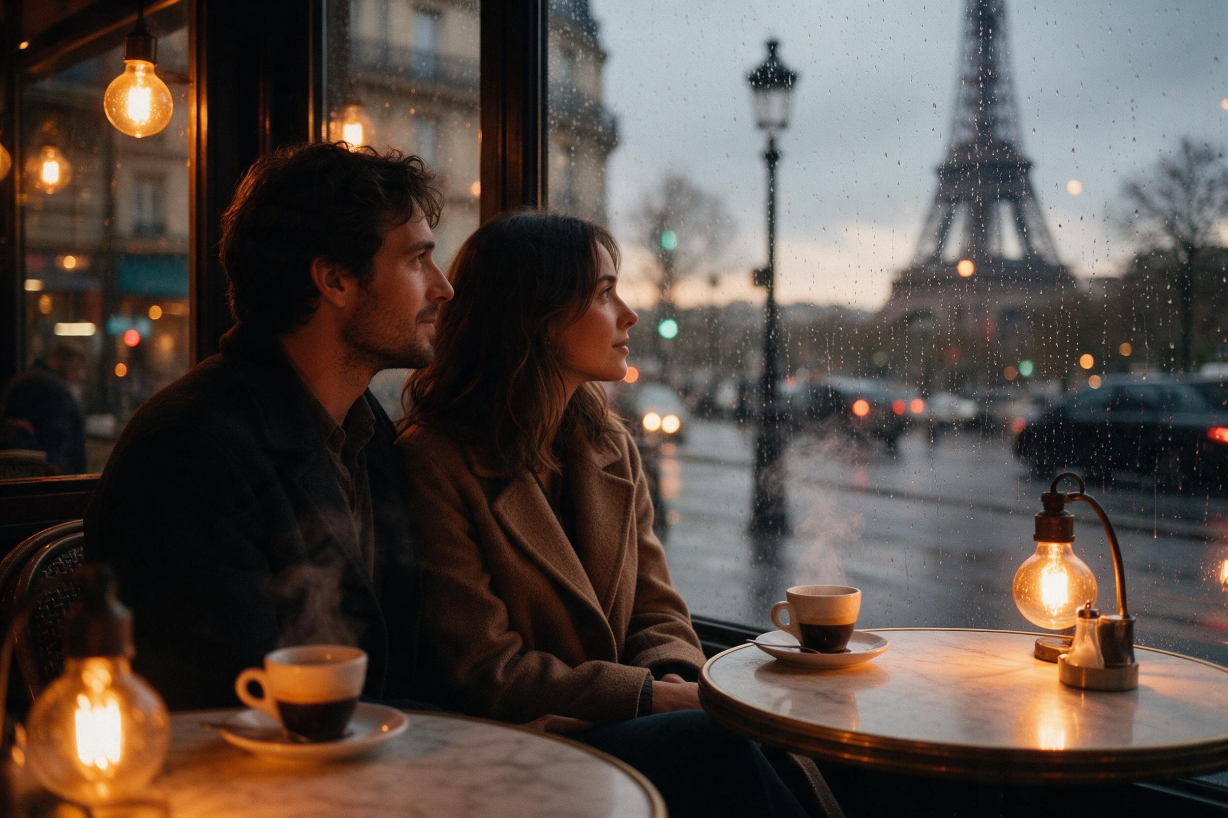A cozy rainy Parisian café interior at dusk, warm amber lamps casting soft glow on marble tables, a couple by the window watching raindrops streak the glass, blurred Eiffel Tower in background, steam rising from espresso cups, slight film grain, natural incandescent lighting, inviting atmosphere
